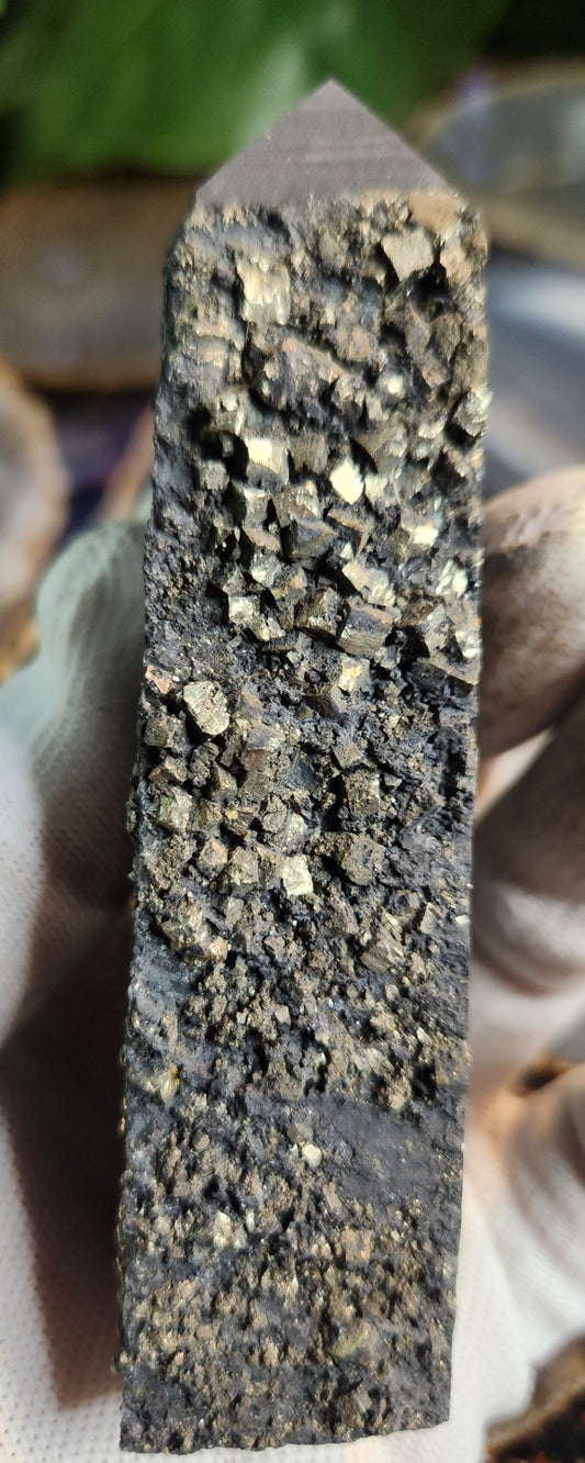 Shungite with Pyrite Crystal Tower | Polished Shungite Point with Natural Pyrite Inclusions