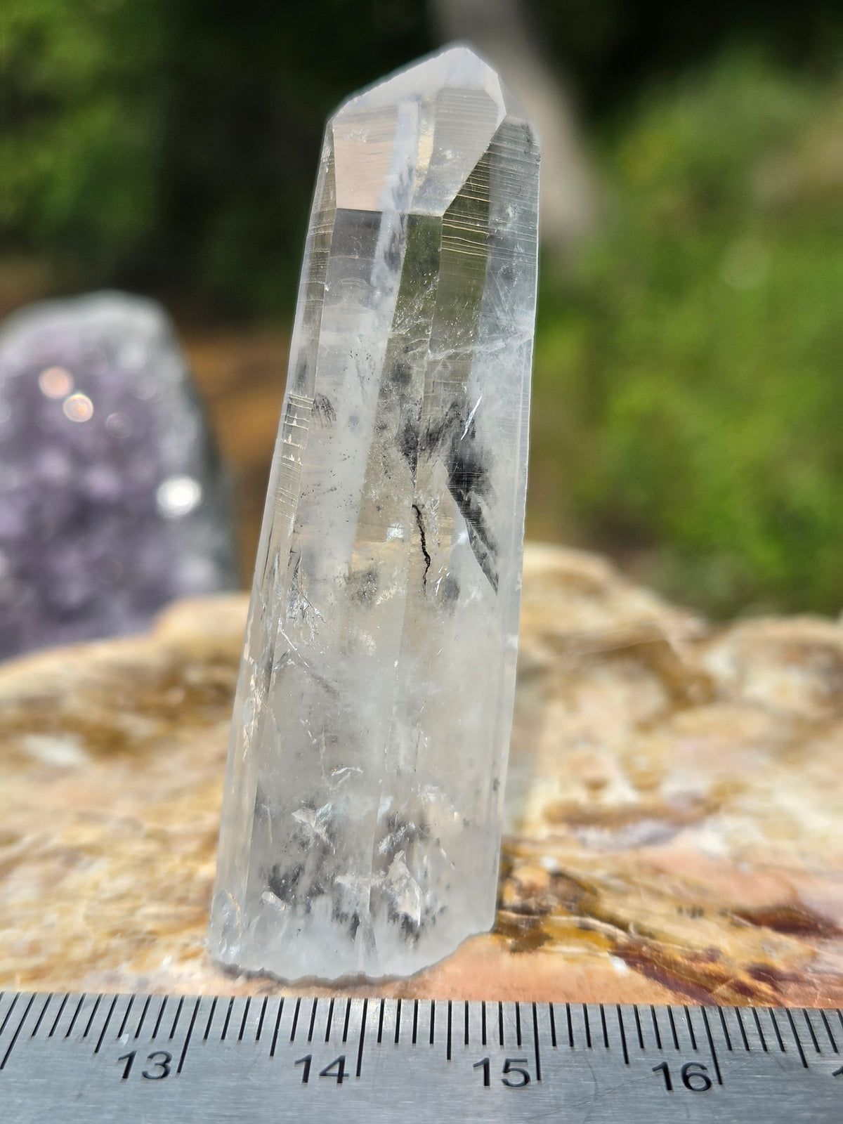 Natural Clear Quartz Crystal Point with Black Inclusions