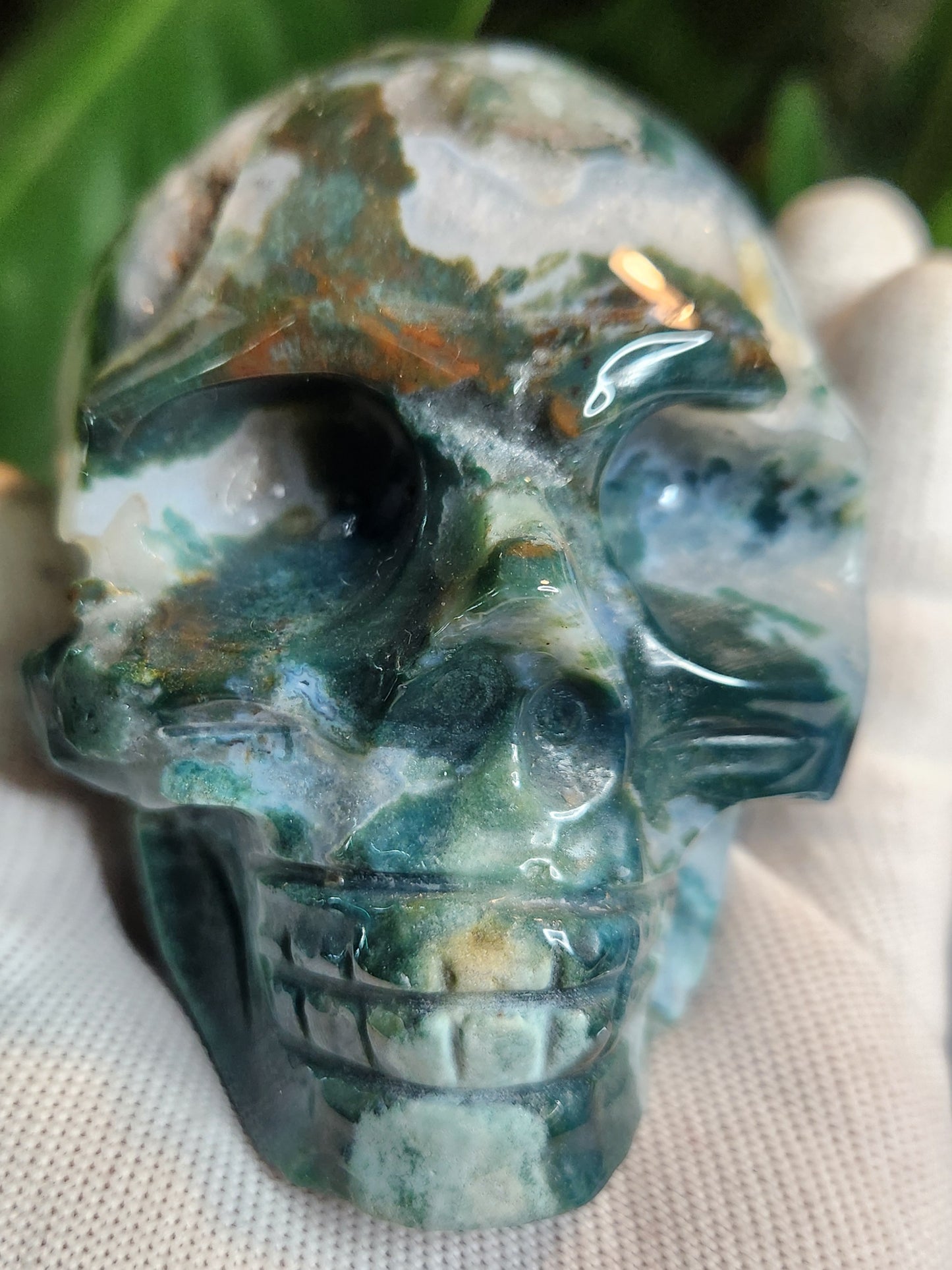 Hand-Carved Moss Agate Skull | Natural Green Chalcedony Crystal Skull | Grounding & Earth Energy Stone
