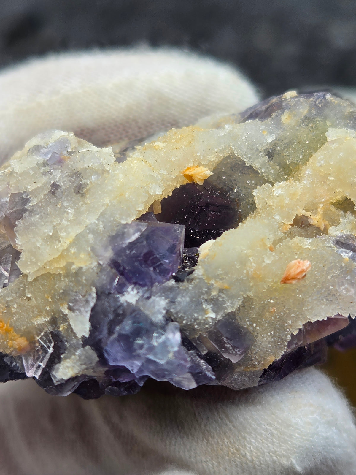 Purple Fluorite Crystal Cluster on Sugar Calcite | Natural Violet Calcite