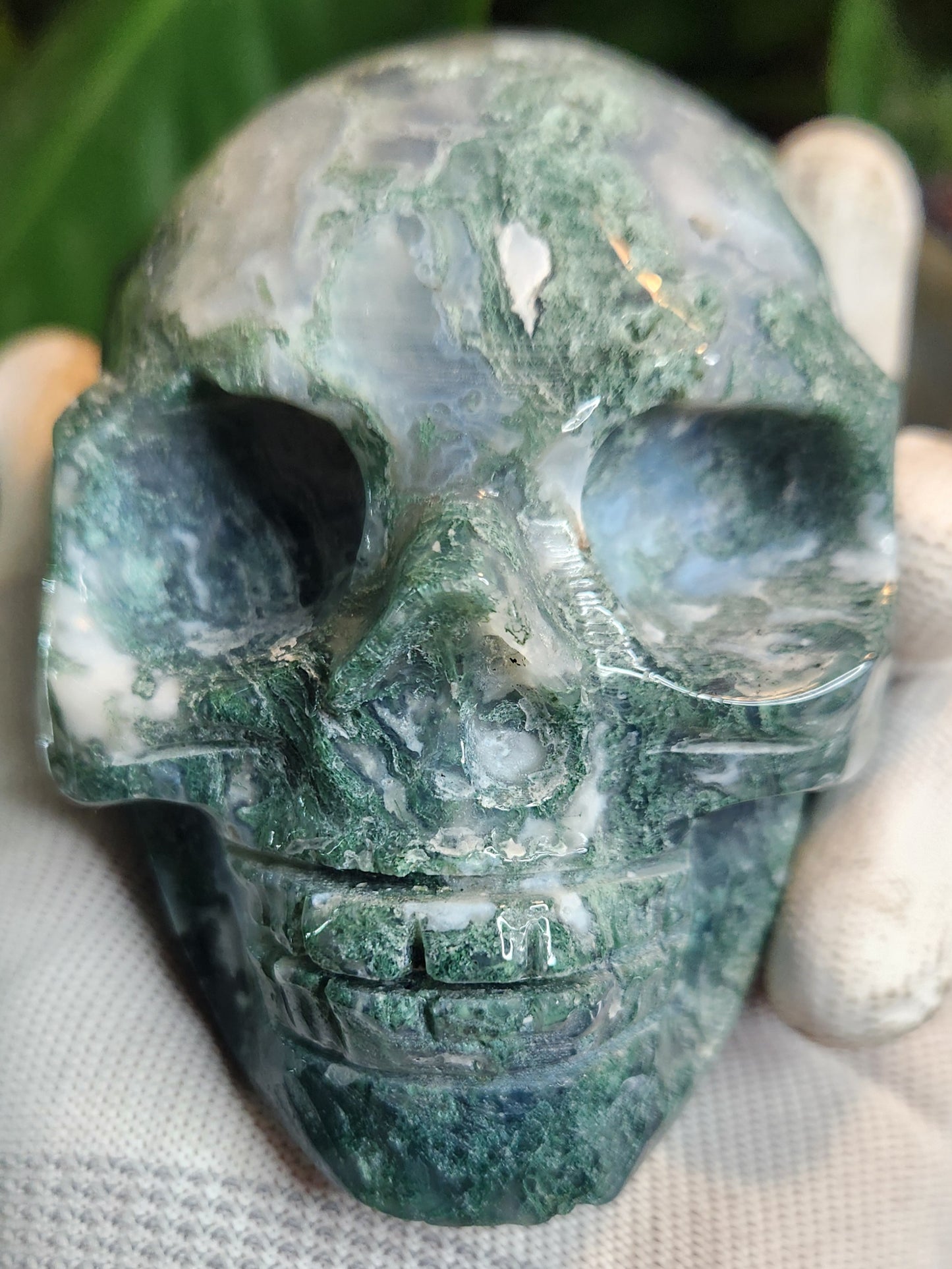 Hand-Carved Moss Agate Skull | Natural Green Chalcedony Crystal Skull | Grounding & Earth Energy Stone