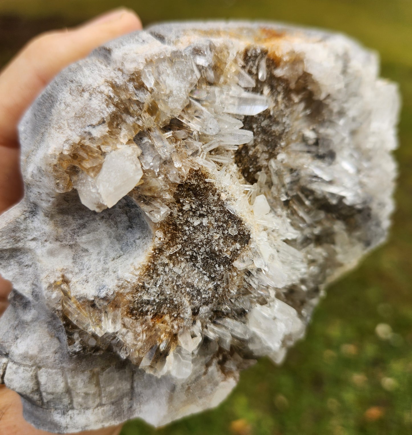 Large Hand Carved Druzy Quartz Crystal Skull – Hand-Carved with Raw Crystal Cluster on Sphalerite
