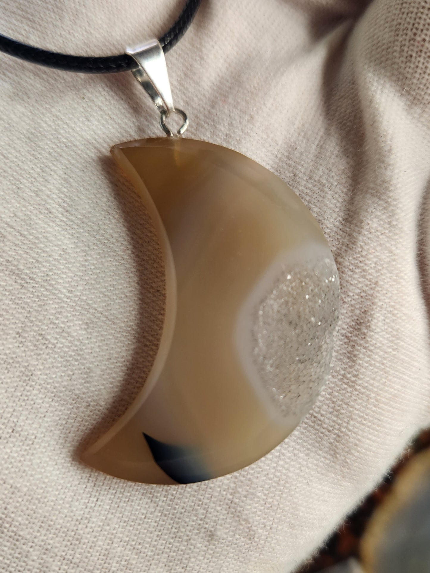 Druzy Agate Moon Crystal Pendant | Natural Chalcedony Geode Necklace | Crescent Moon Stone Jewelry | Healing Protection Crystal