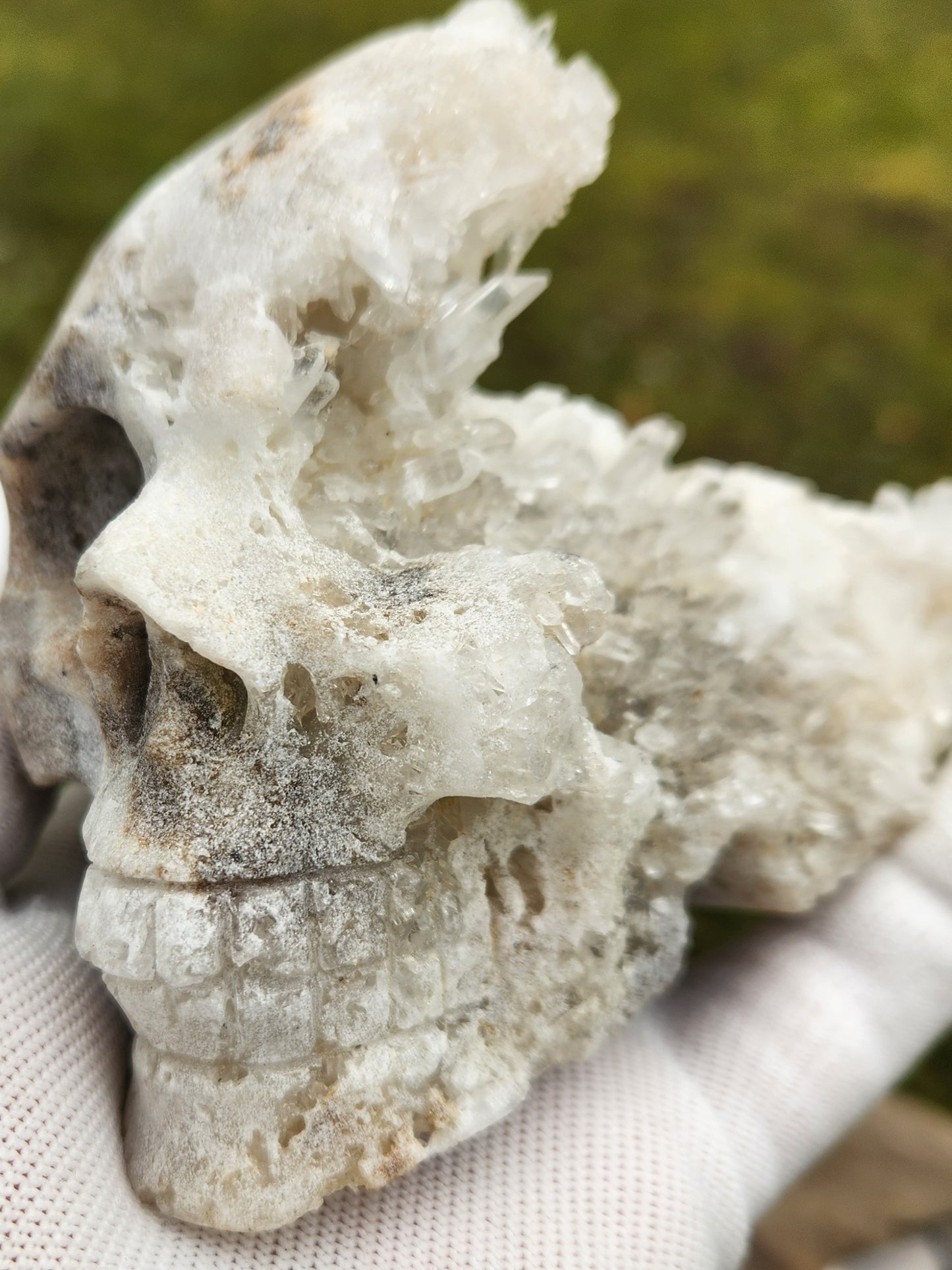 Large Hand Carved Druzy Quartz Crystal Skull – Hand-Carved with Raw Crystal Cluster on Sphalerite