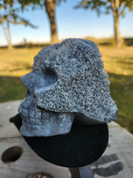 Black and Gray Druzy Quartz Crystal Skull – Unique Hand-Carved Crystal Art