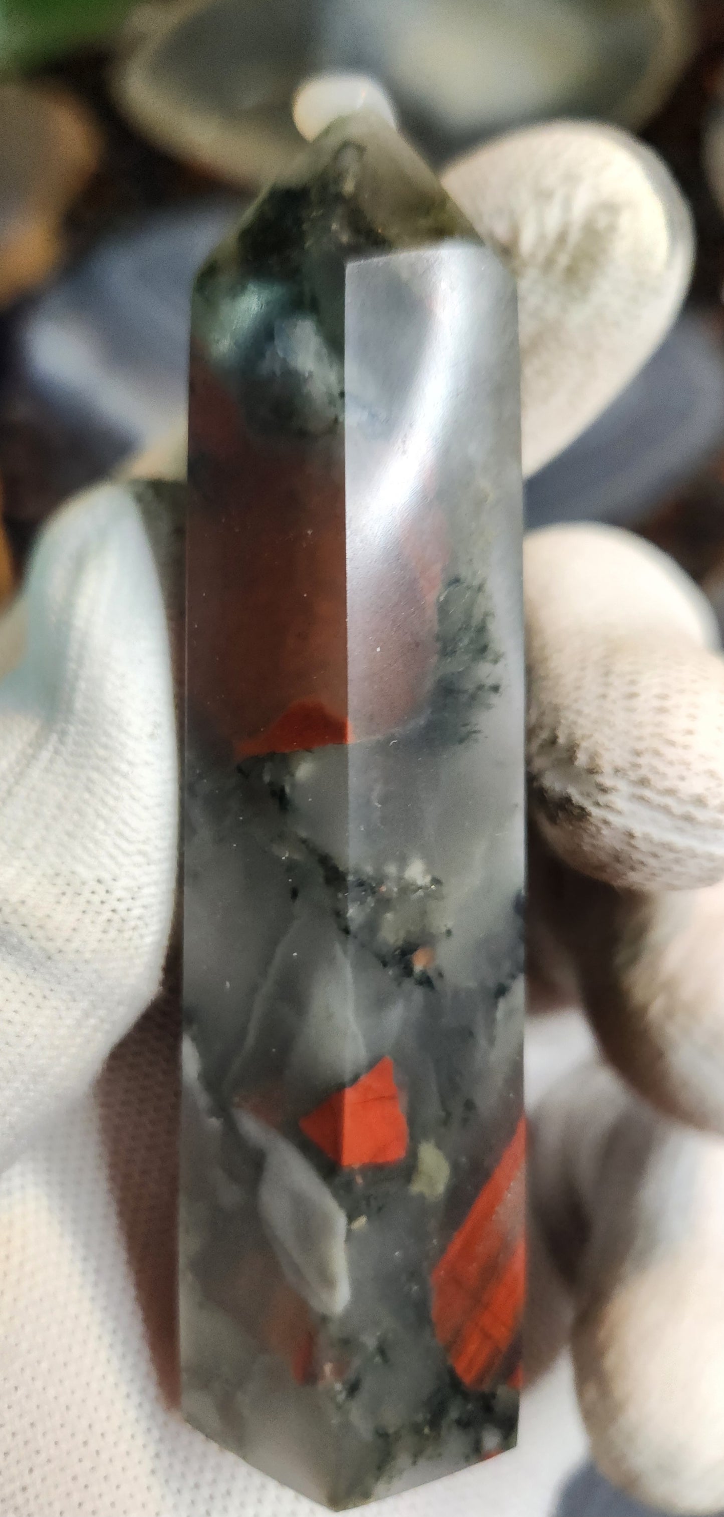African Bloodstone (Heliotrope) Tower with Pyrite Inclusions | Polished Grounding Crystal Point