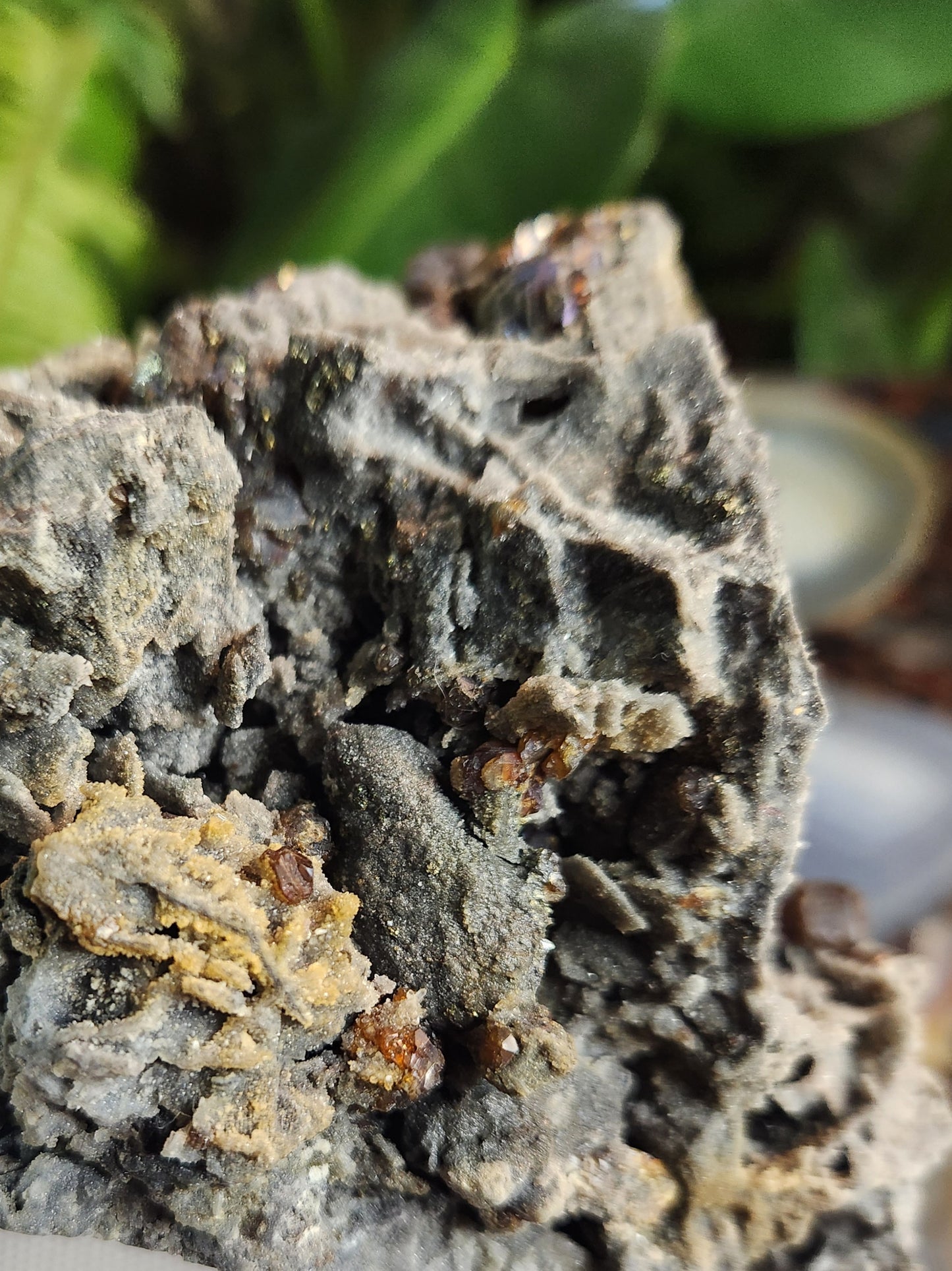 Sphalerite with Garnet Crystals on Matrix – Grounding Zinc Sulfide Mineral with Manifestation Energy