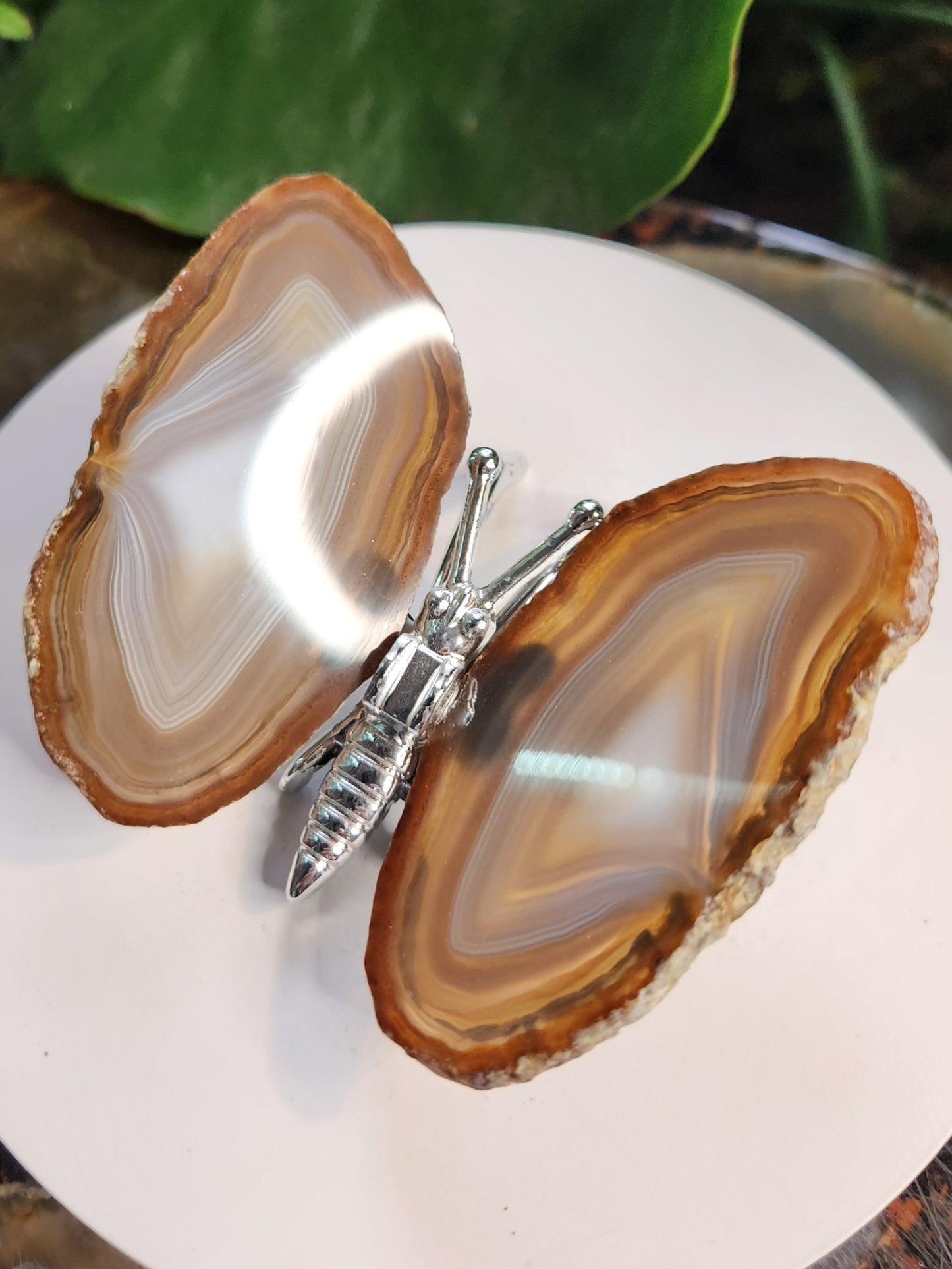 Natural Banded Agate Butterfly – Polished Agate Wings on Metal Body