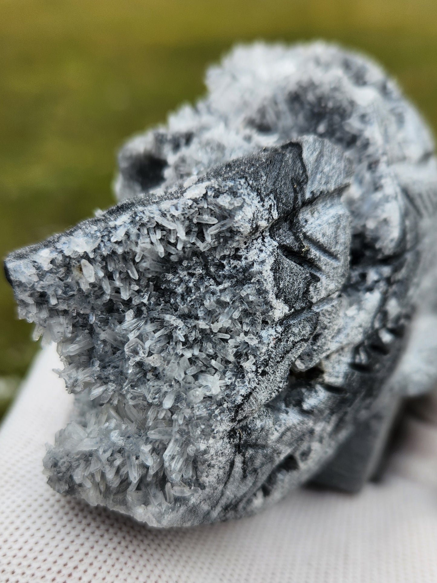 Hand-Carved Quartz Crystal Skull with Druzy Cluster – Unique Tribal Skull, Healing Stone, Spiritual Décor, Gothic Gift.