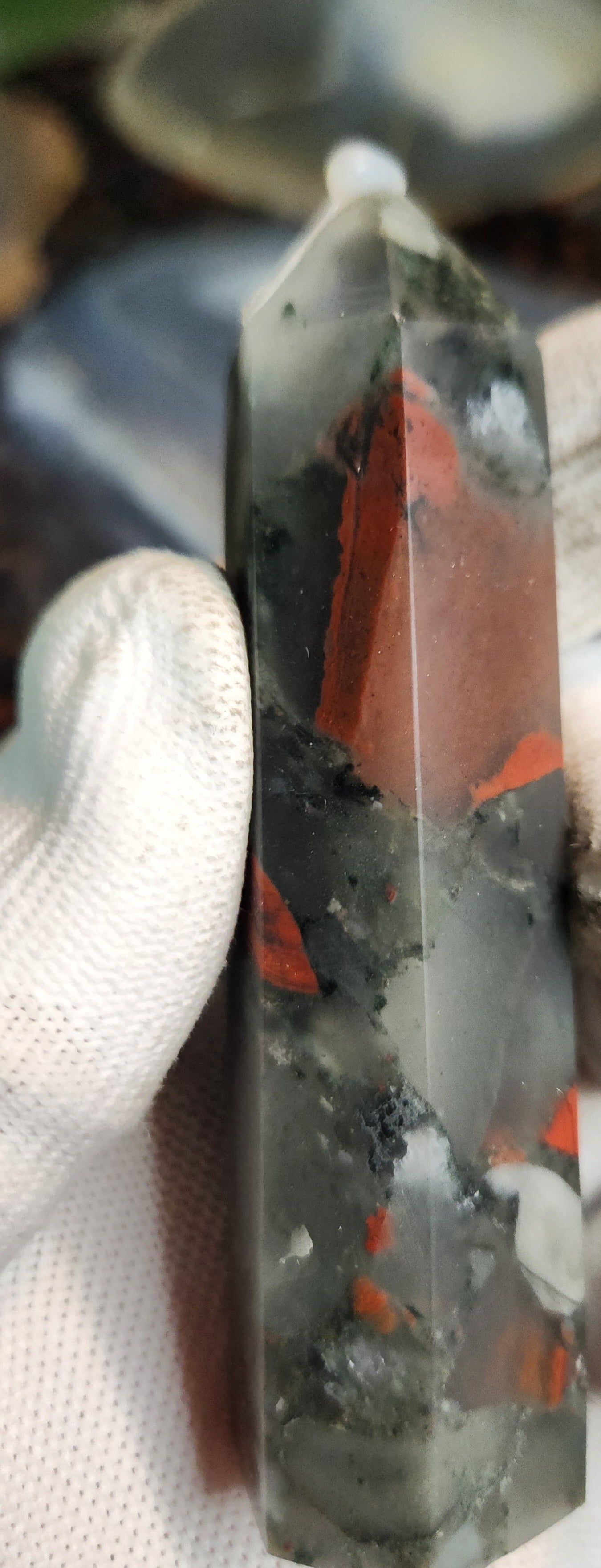 African Bloodstone (Heliotrope) Tower with Pyrite Inclusions | Polished Grounding Crystal Point
