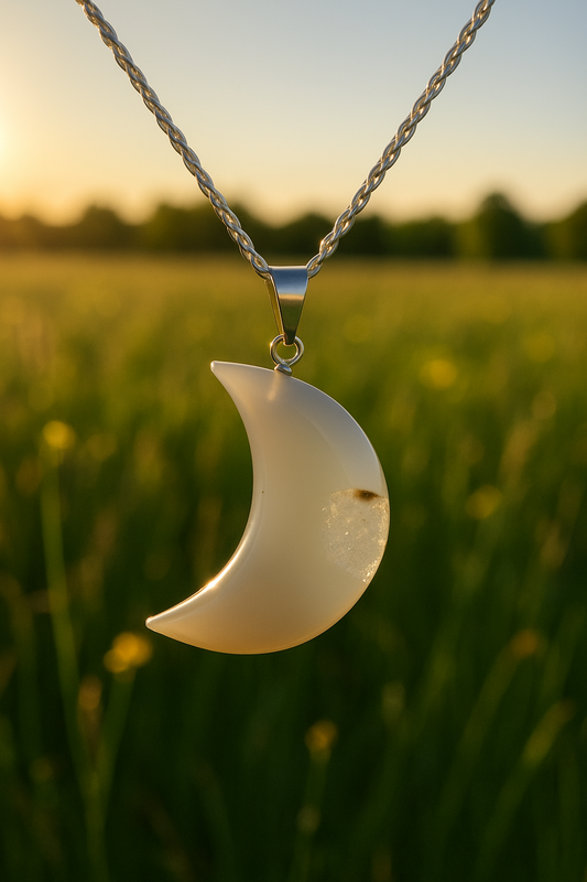 Natural Druzy Agate Crescent Moon Pendant Necklace – Healing Crystal Jewelry, Spiritual Protection