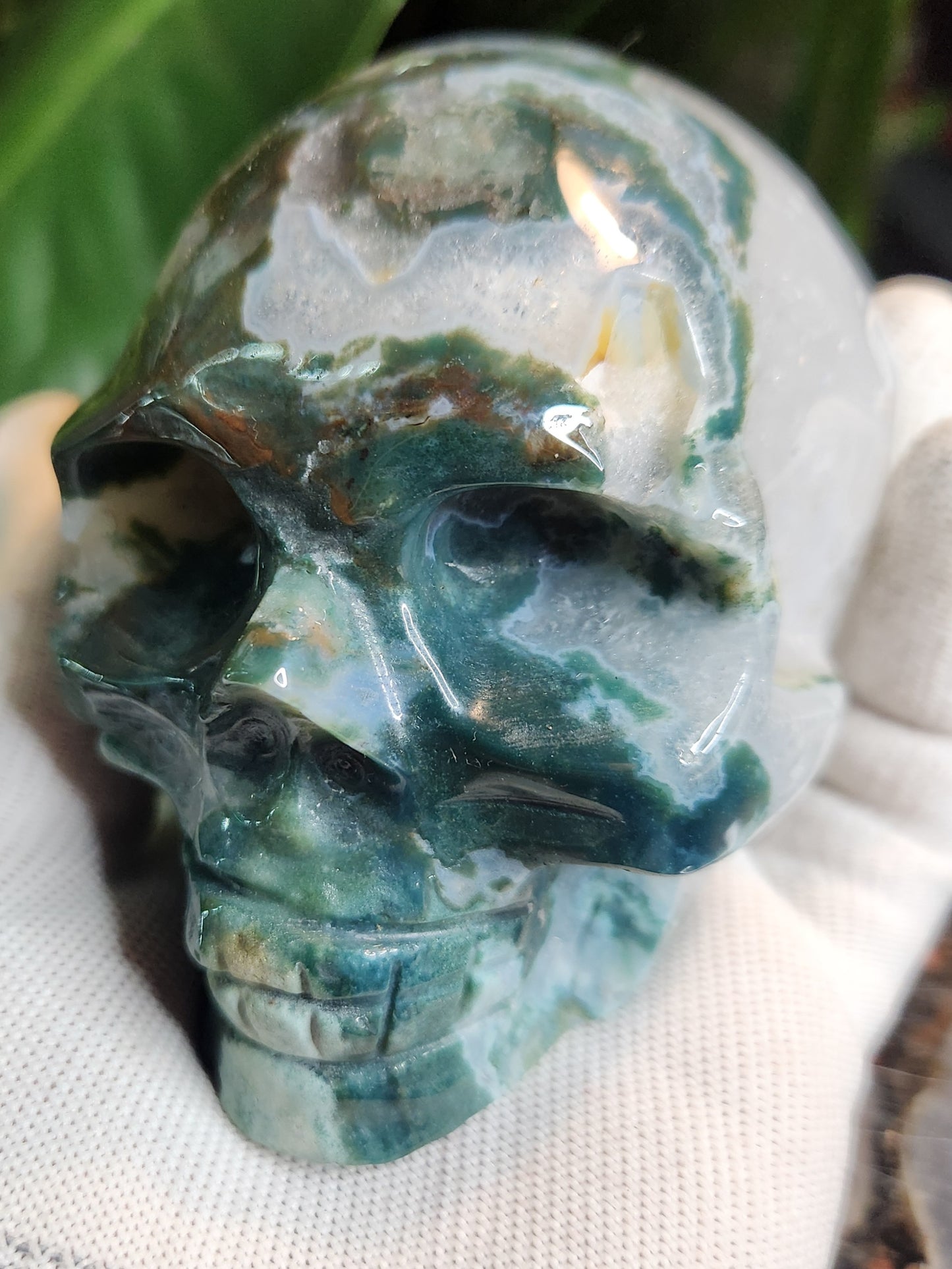 Hand-Carved Moss Agate Skull | Natural Green Chalcedony Crystal Skull | Grounding & Earth Energy Stone
