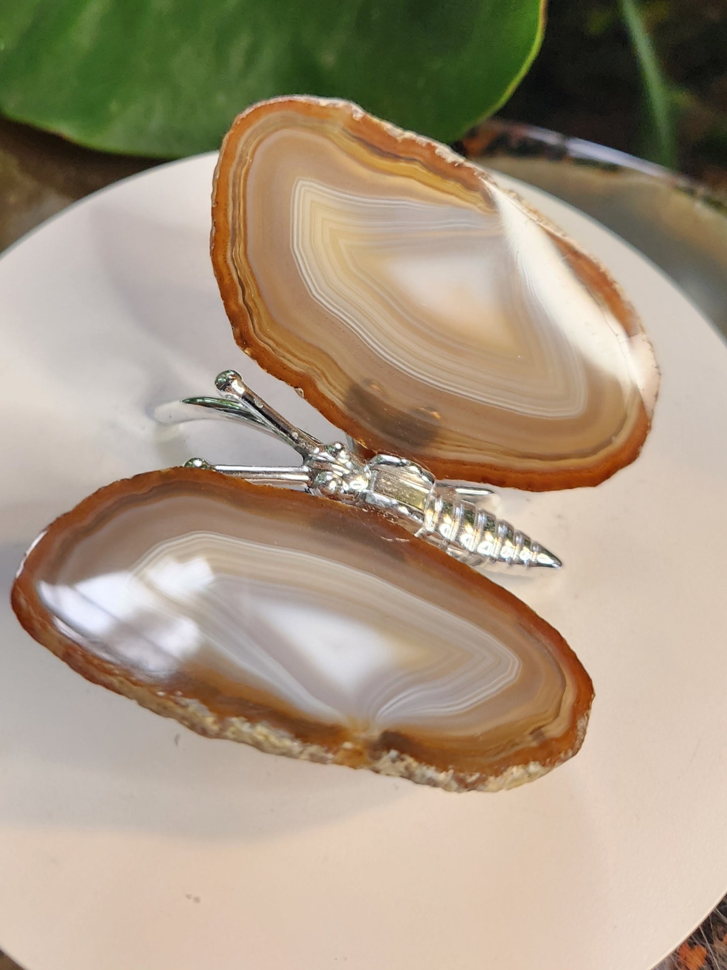 Natural Banded Agate Butterfly – Polished Agate Wings on Metal Body