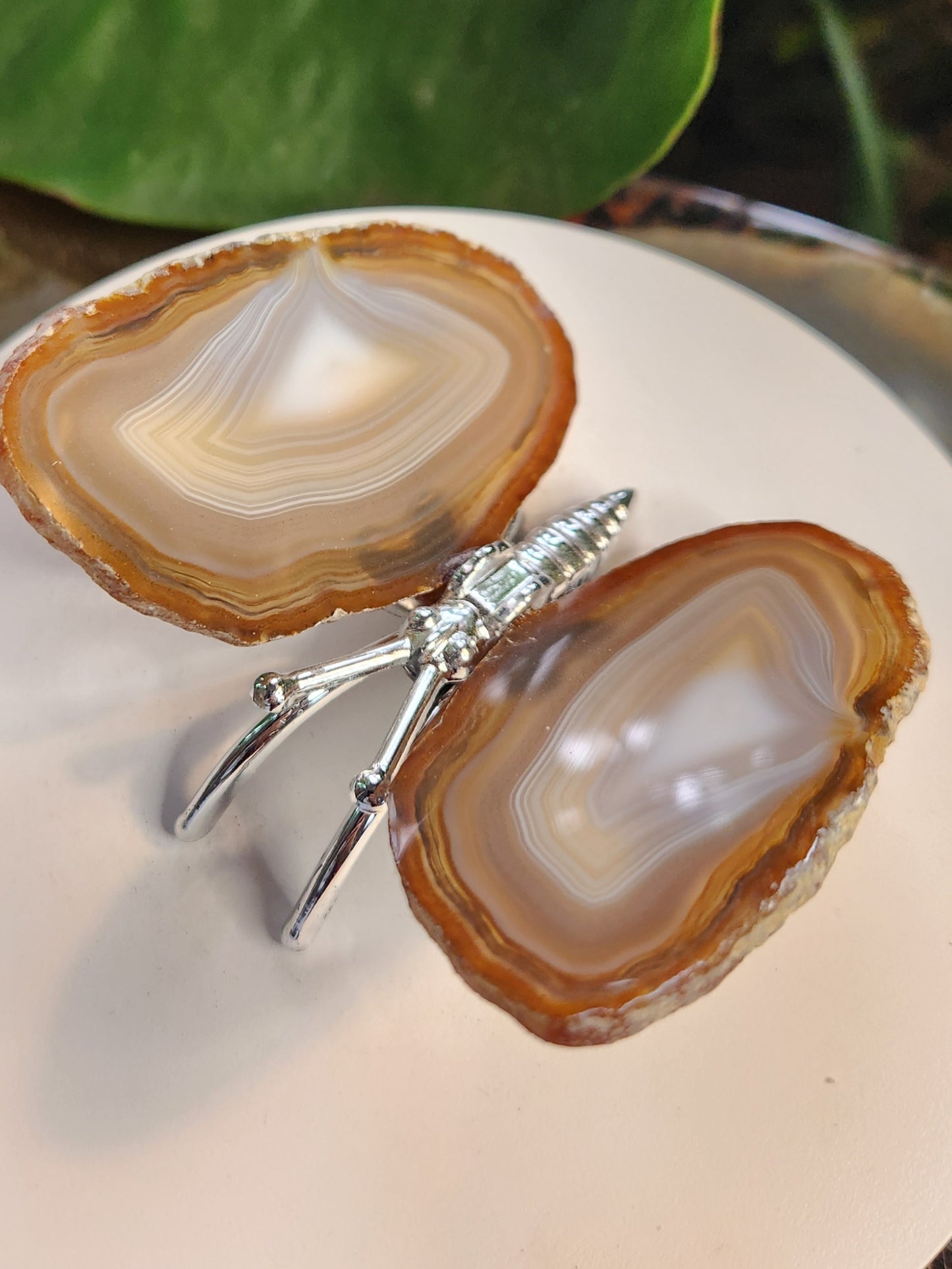 Natural Banded Agate Butterfly – Polished Agate Wings on Metal Body