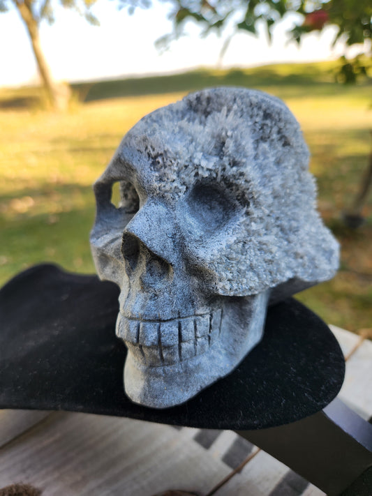 Black and Gray Druzy Quartz Crystal Skull – Unique Hand-Carved Crystal Art