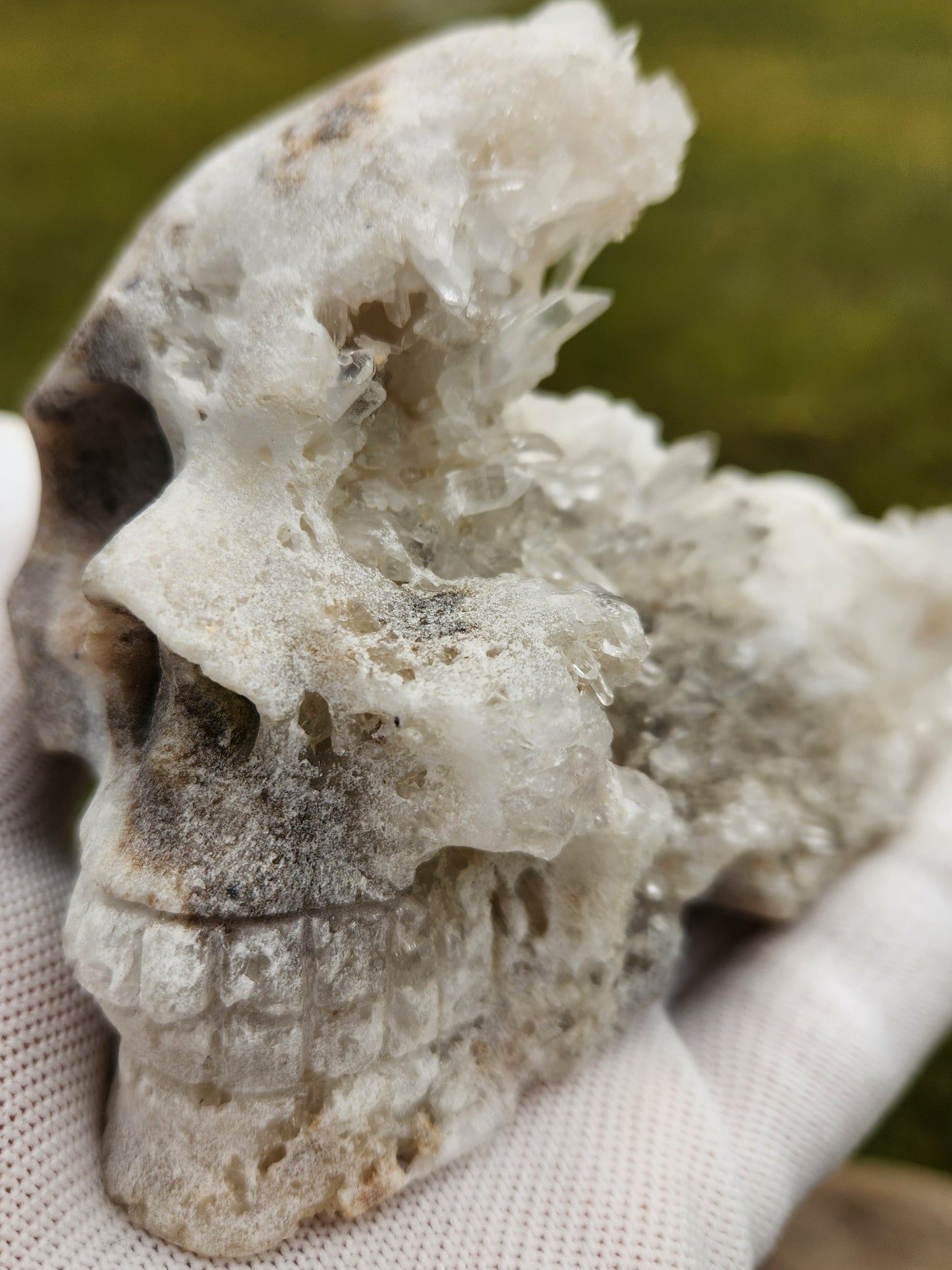 Large Hand Carved Druzy Quartz Crystal Skull – Hand-Carved with Raw Crystal Cluster on Sphalerite