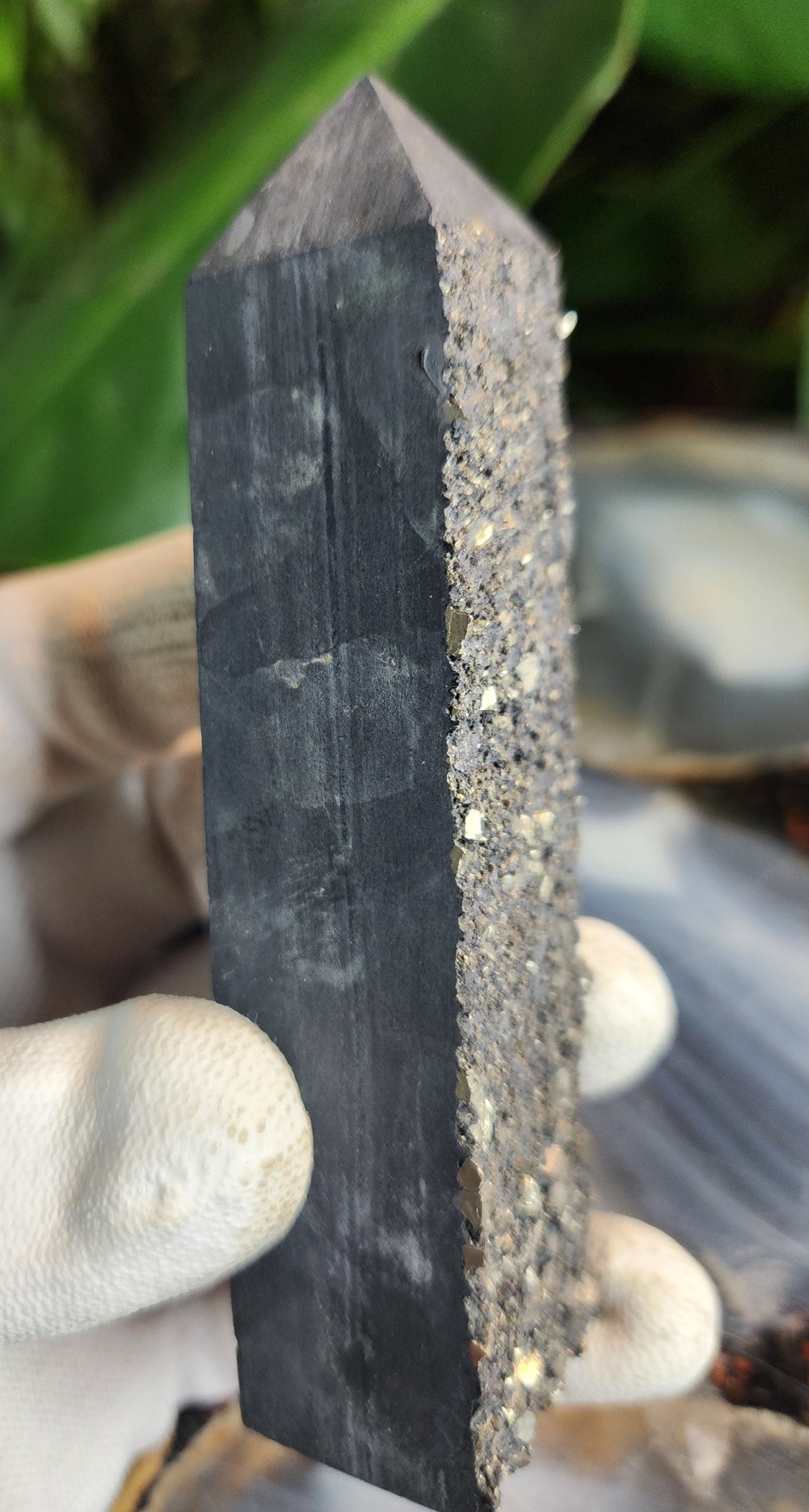 Shungite with Pyrite Crystal Tower | Polished Shungite Point with Natural Pyrite Inclusions