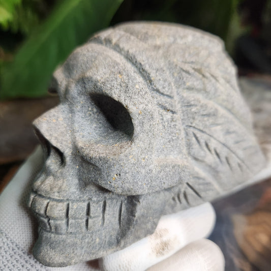 Hand-Carved Stone Skull with Natural Quartz Crystal Growth & Druzy Pockets