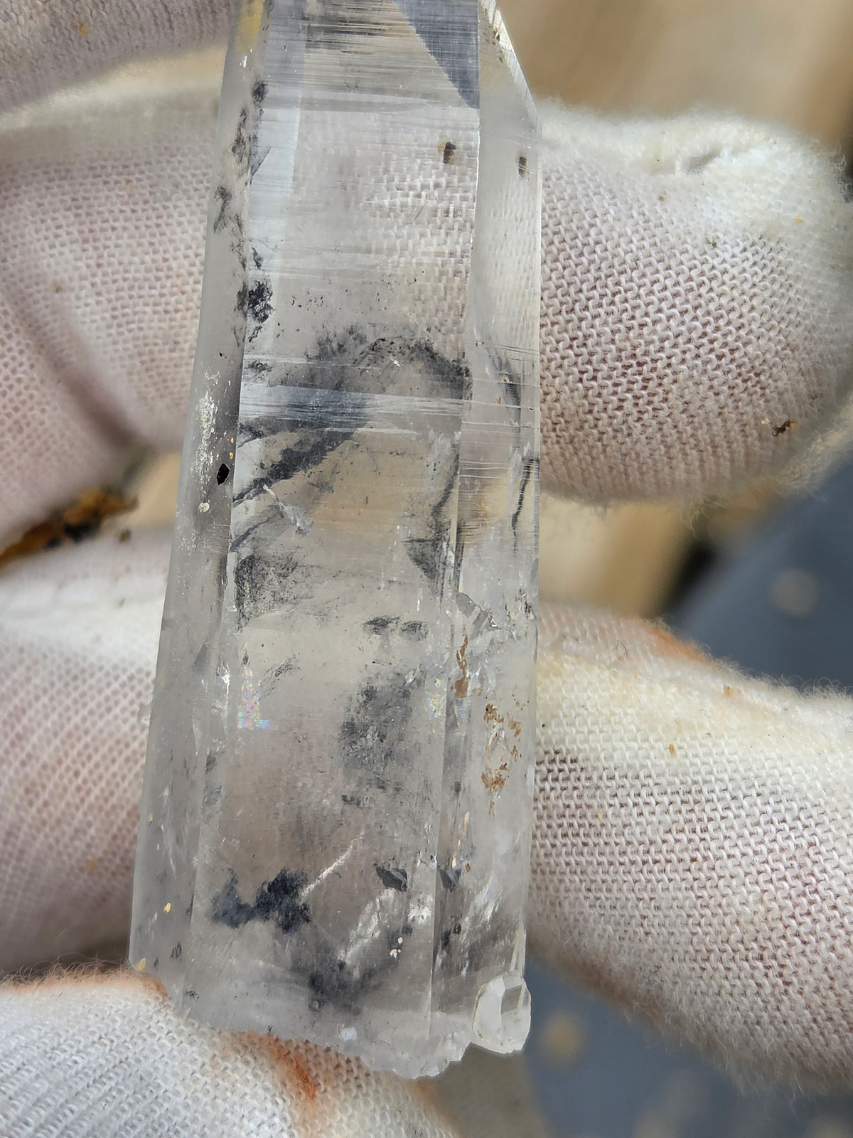Natural Clear Quartz Crystal Point with Black Inclusions