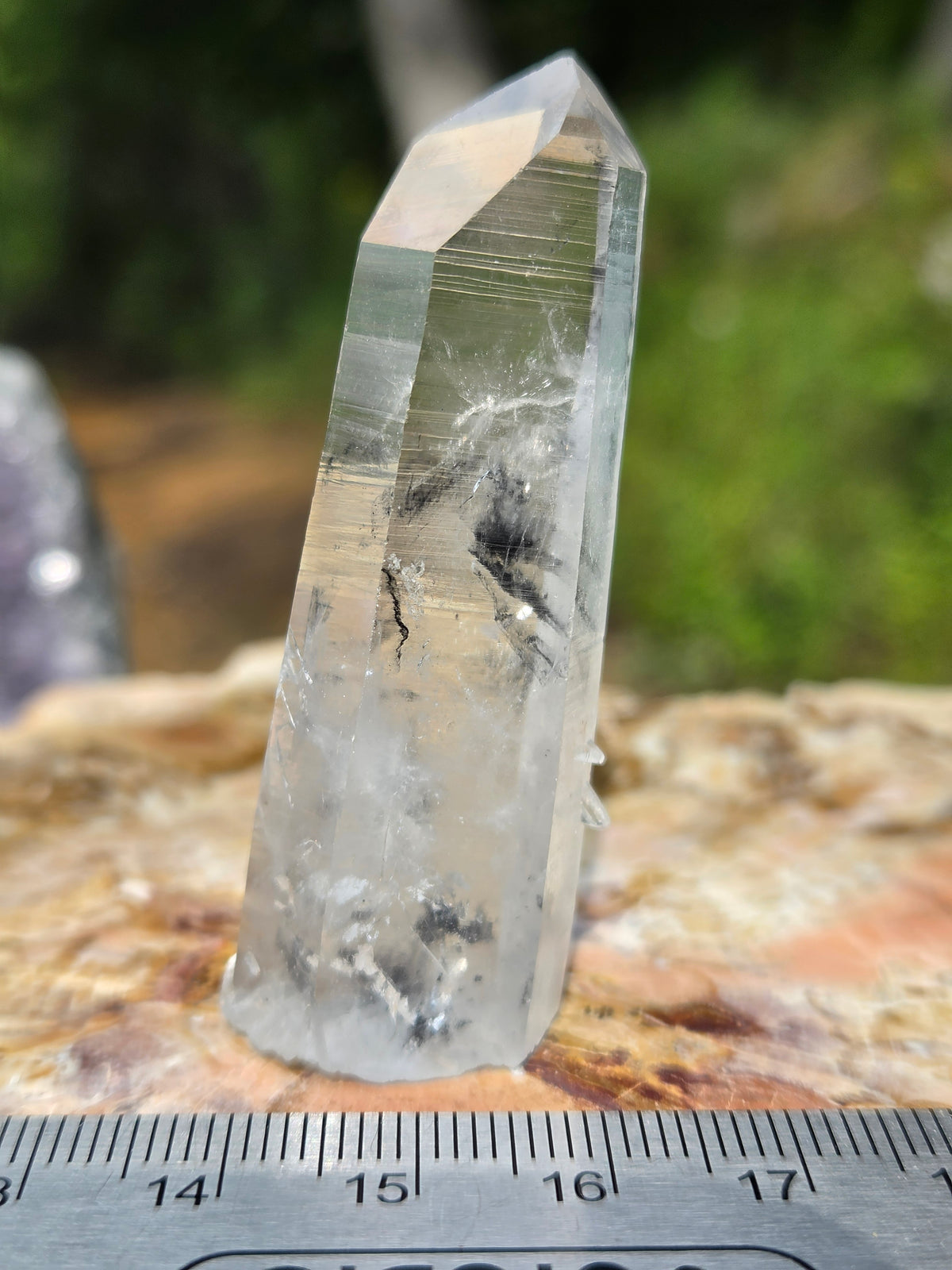 Natural Clear Quartz Crystal Point with Black Inclusions