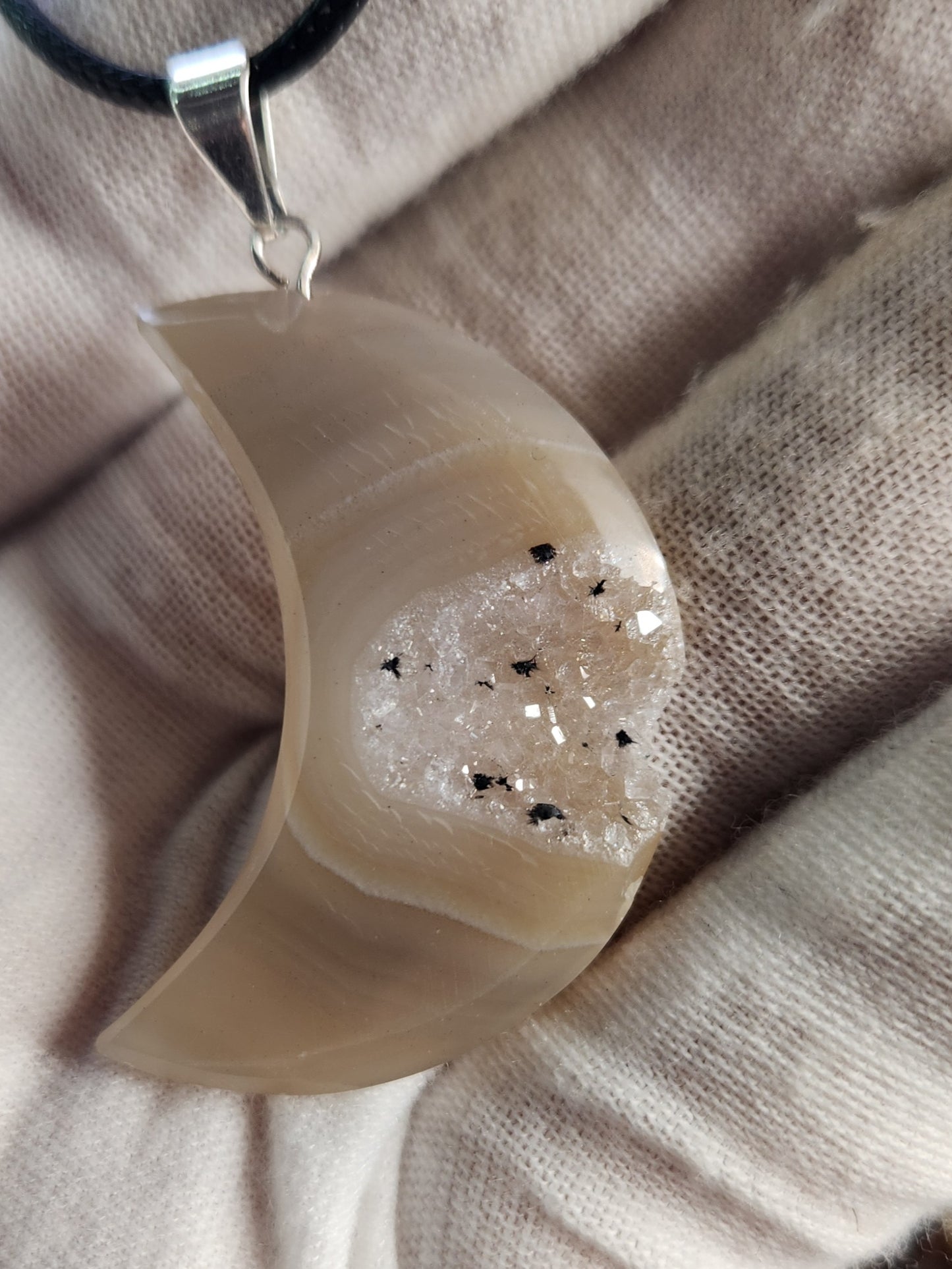 Druzy Agate Moon Crystal Pendant | Natural Chalcedony Geode Necklace | Crescent Moon Stone Jewelry | Healing Protection Crystal