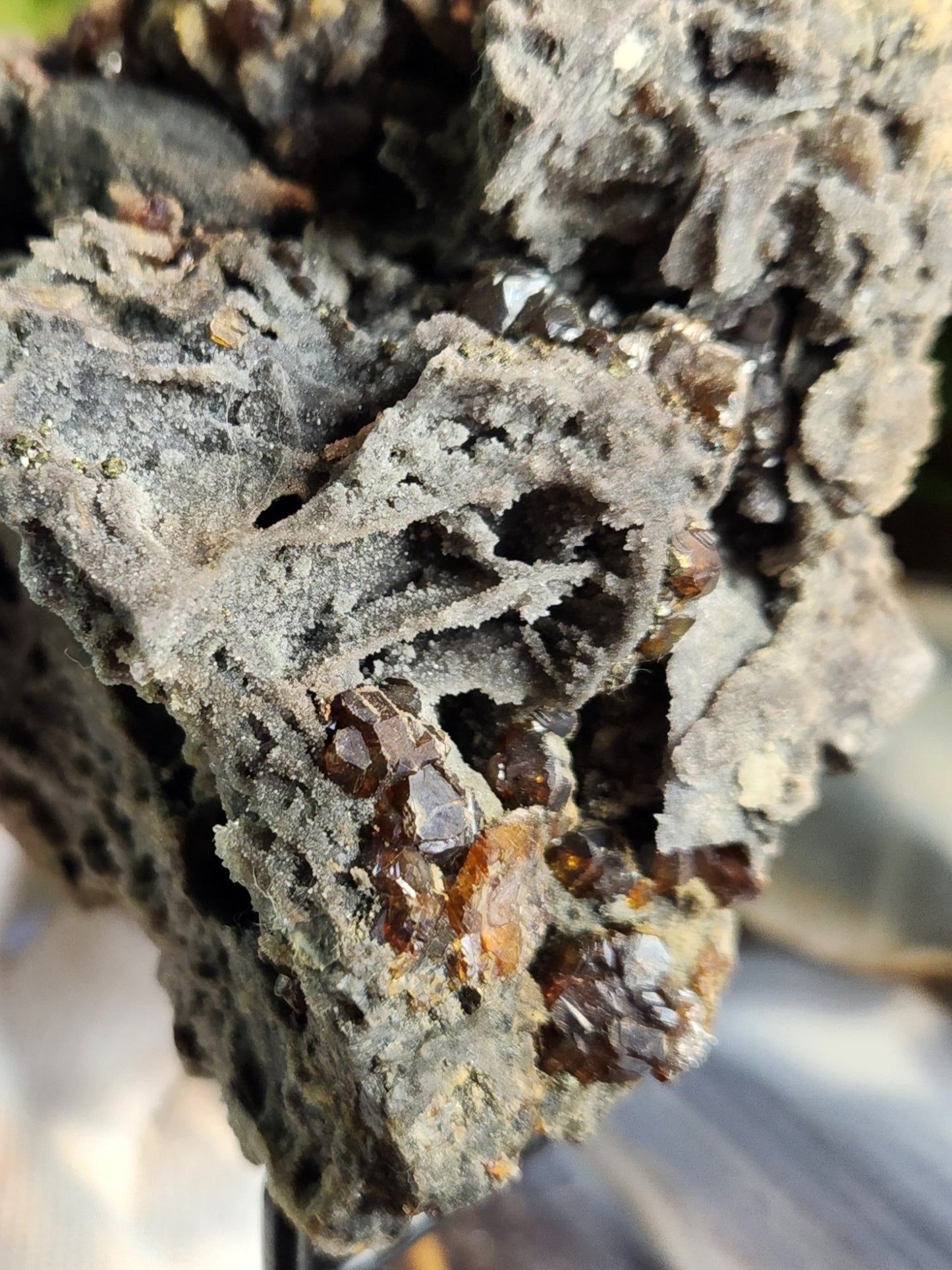 Sphalerite with Garnet Crystals on Matrix – Grounding Zinc Sulfide Mineral with Manifestation Energy