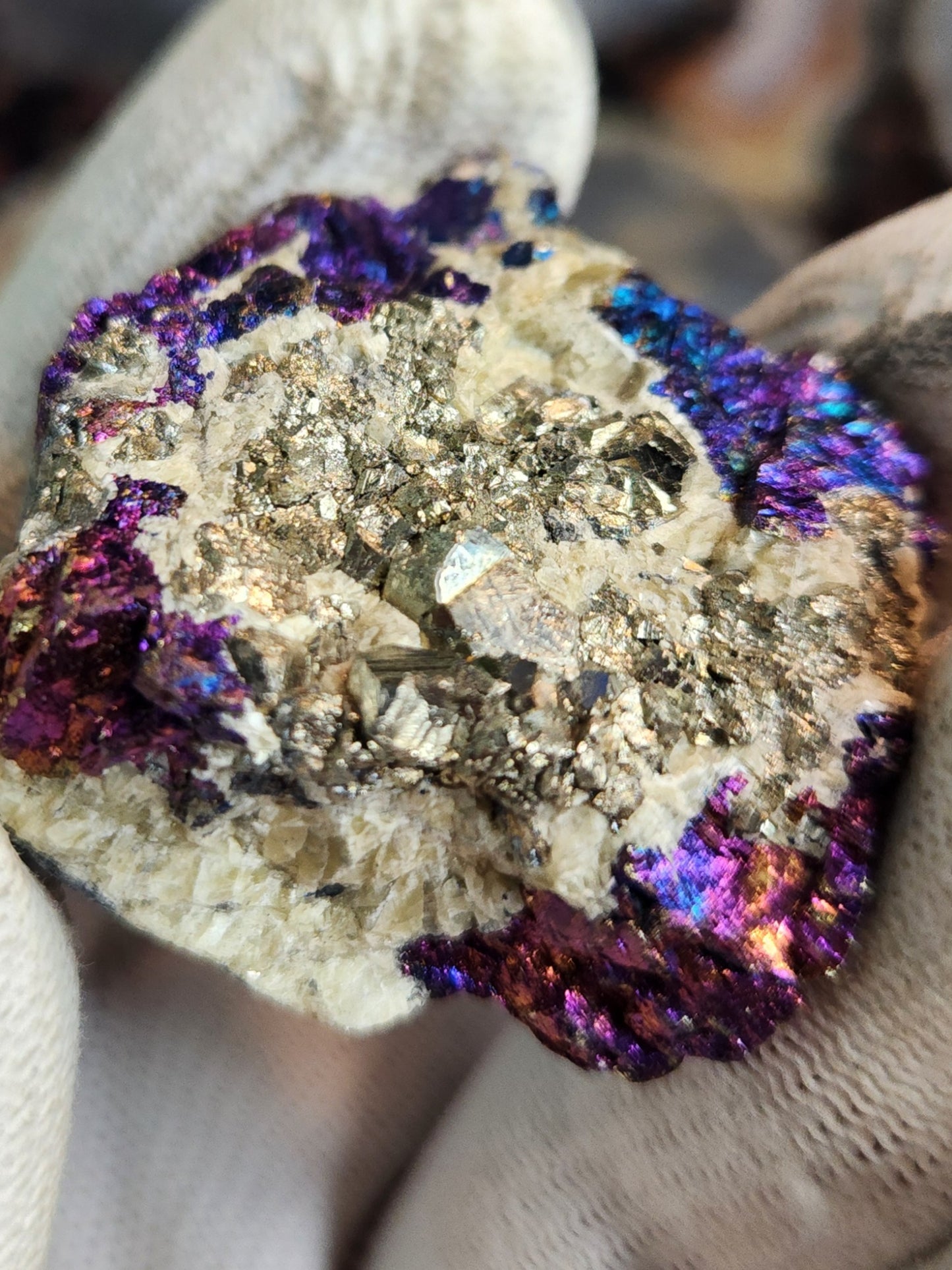 Peacock Ore (Bornite & Chalcopyrite) with Pyrite on Calcite | Iridescent Collector Mineral