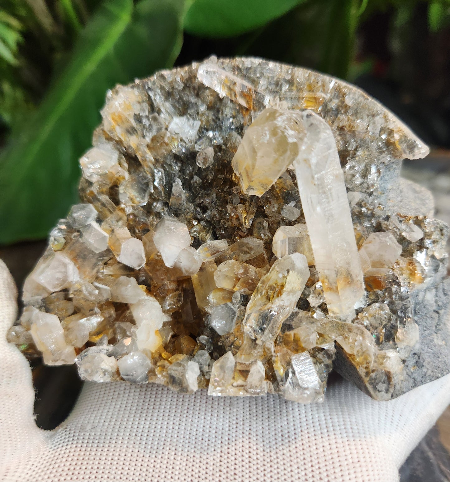Hand-Carved Stone Skull with Natural Quartz Crystal Growth & Druzy Pockets