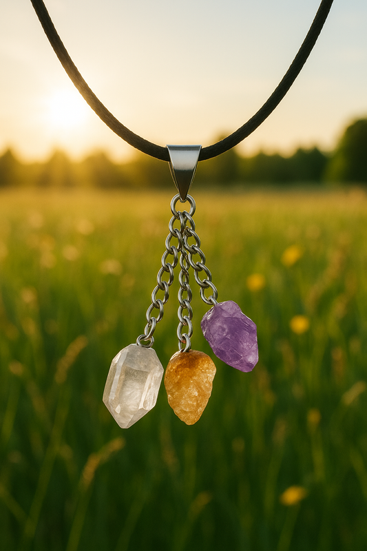 Amethyst Citrine Clear Quartz Pendant • Triple Crystal Necklace • Healing Energy Jewelry • Balance, Positivity & Protection Gift