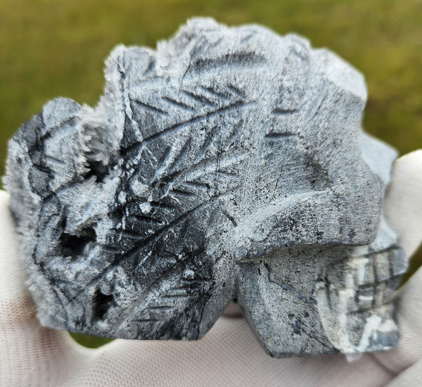 Hand-Carved Quartz Crystal Skull with Druzy Cluster – Unique Tribal Skull, Healing Stone, Spiritual Décor, Gothic Gift.