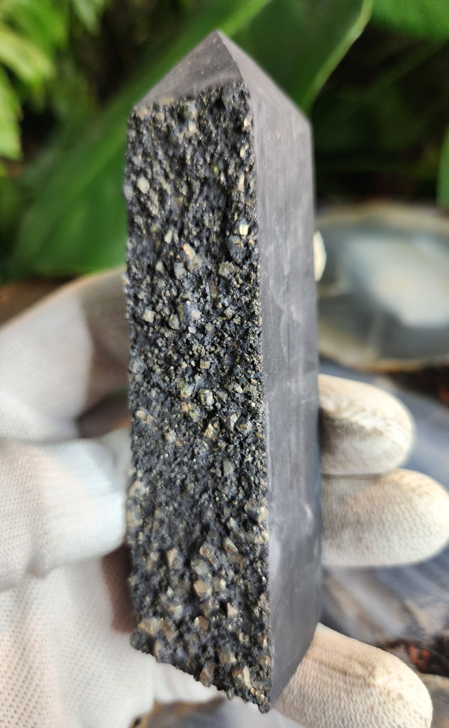 Shungite with Pyrite Crystal Tower | Polished Shungite Point with Natural Pyrite Inclusions