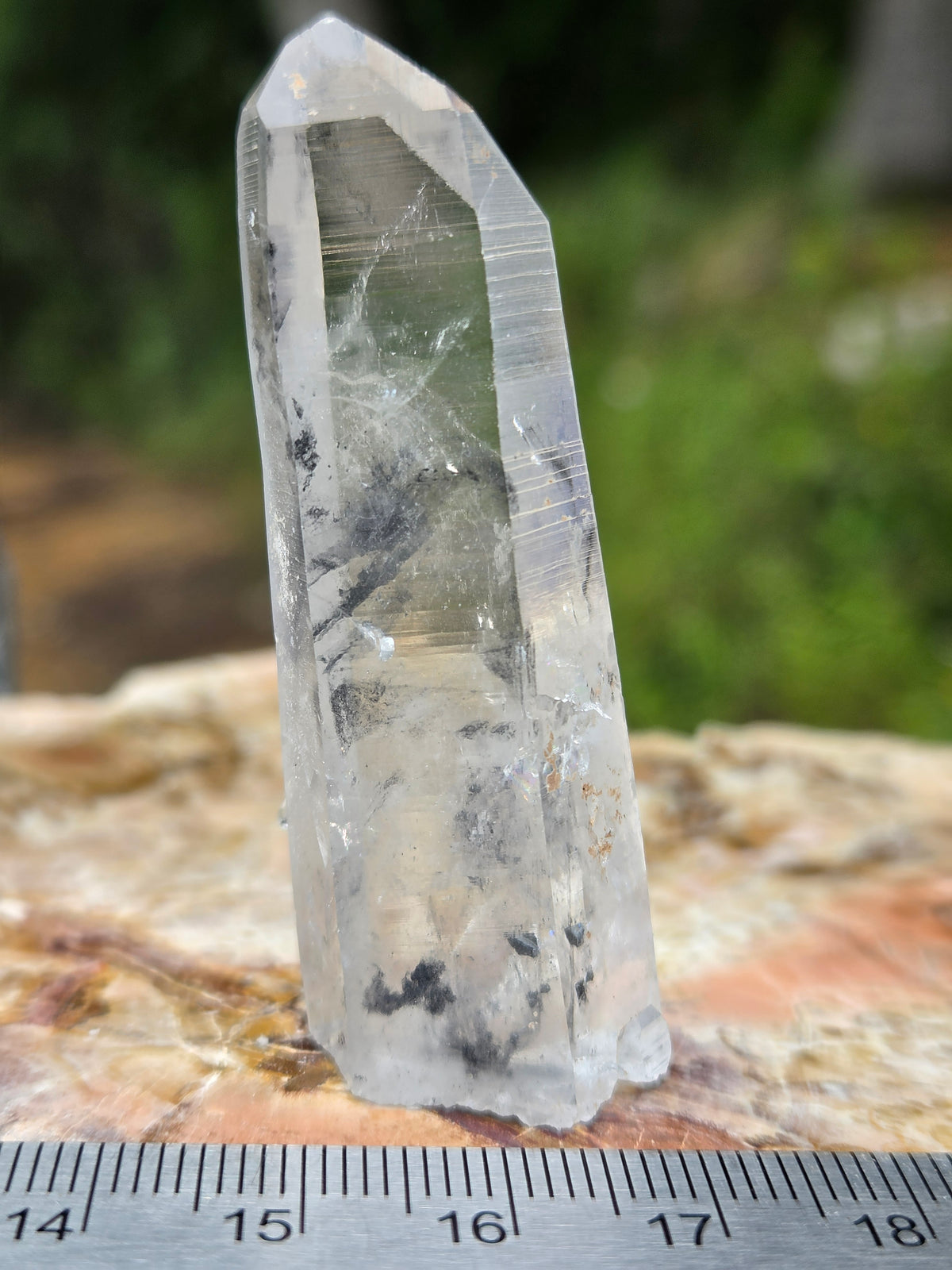 Natural Clear Quartz Crystal Point with Black Inclusions