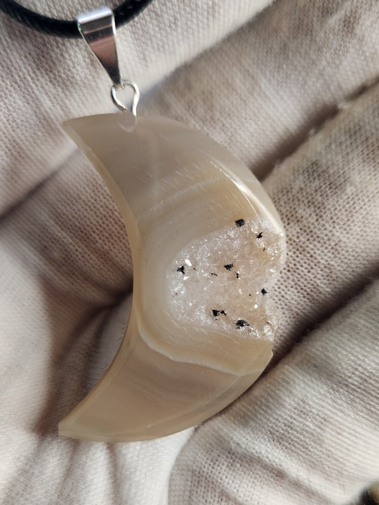 Druzy Agate Moon Crystal Pendant | Natural Chalcedony Geode Necklace | Crescent Moon Stone Jewelry | Healing Protection Crystal