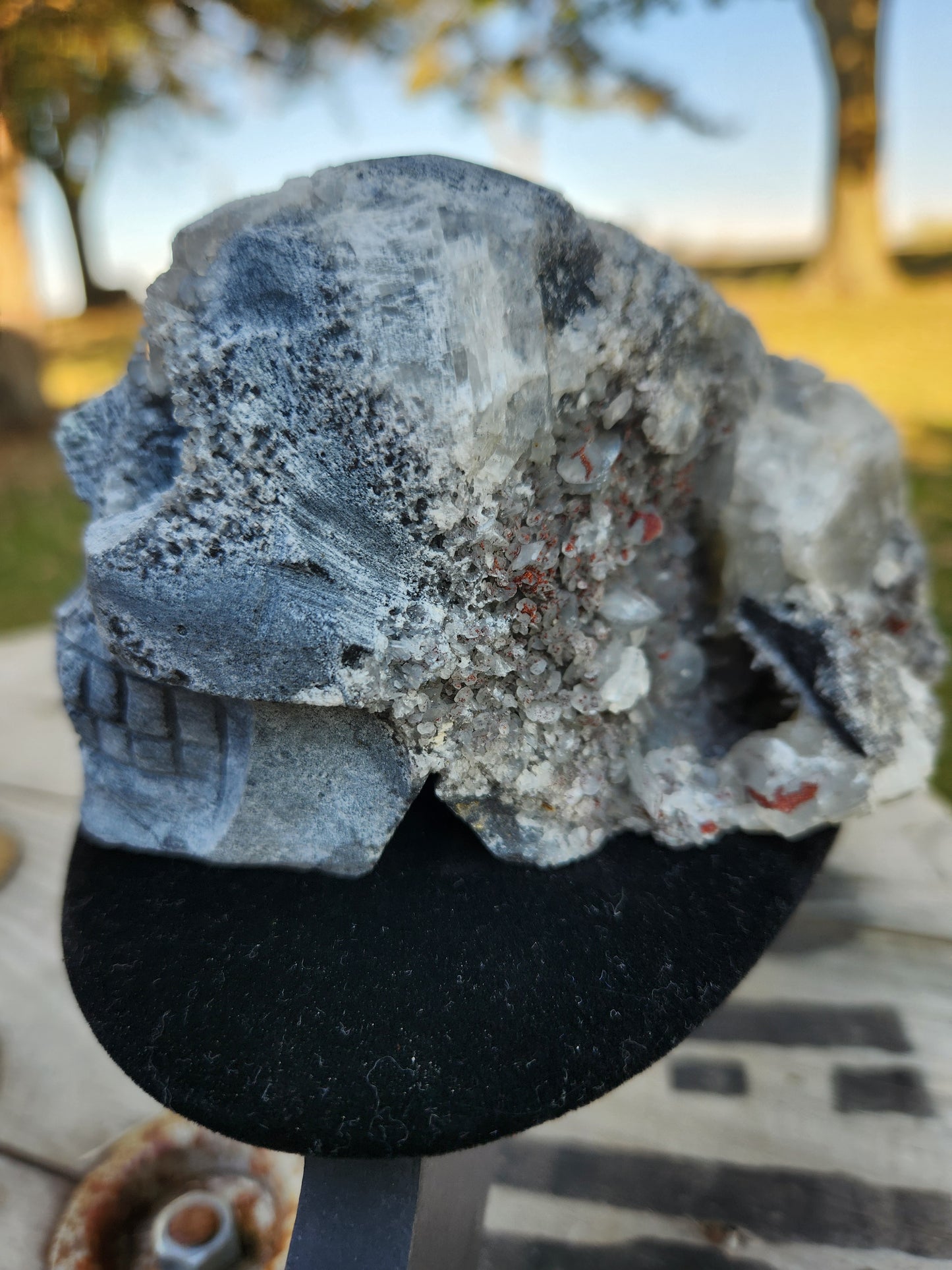 Hand-Carved Quartz Crystal Skull with Druzy Cluster – Unique Tribal Skull, Healing Stone, Spiritual Décor, Gothic Gift.