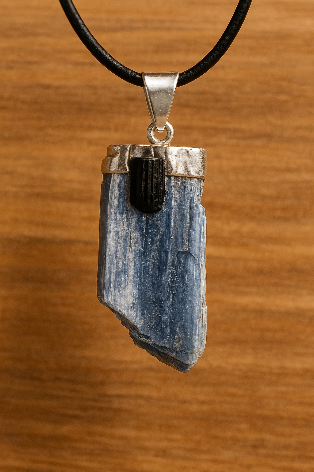 Blue Kyanite & Black Tourmaline Pendant – Natural Crystal Necklace for Protection & Energy Alignment – Handmade Gemstone Jewelry