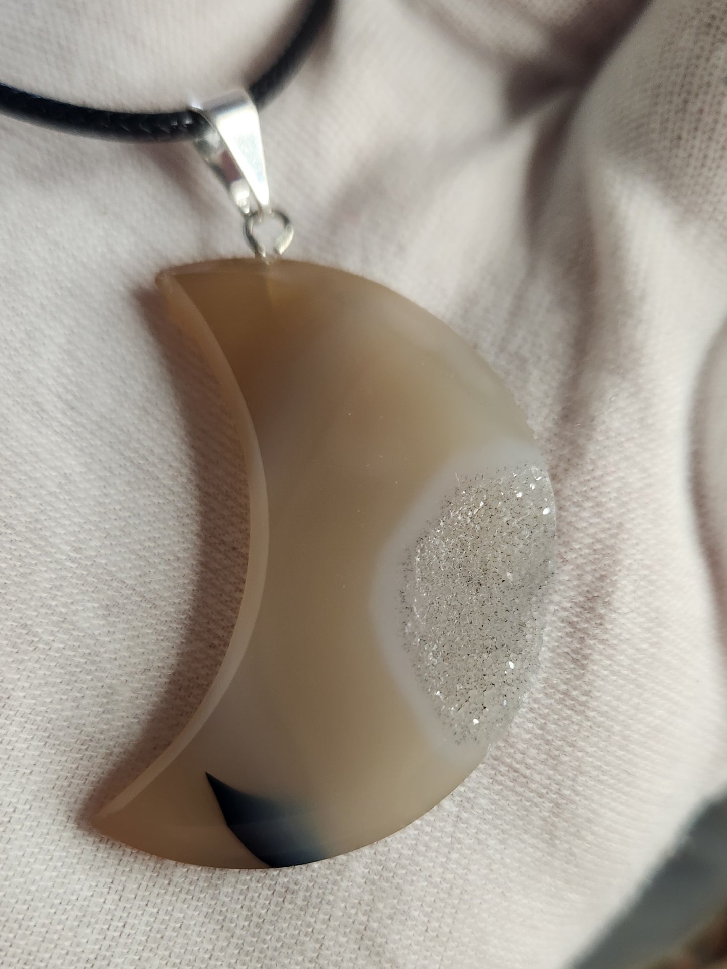 Druzy Agate Moon Crystal Pendant | Natural Chalcedony Geode Necklace | Crescent Moon Stone Jewelry | Healing Protection Crystal