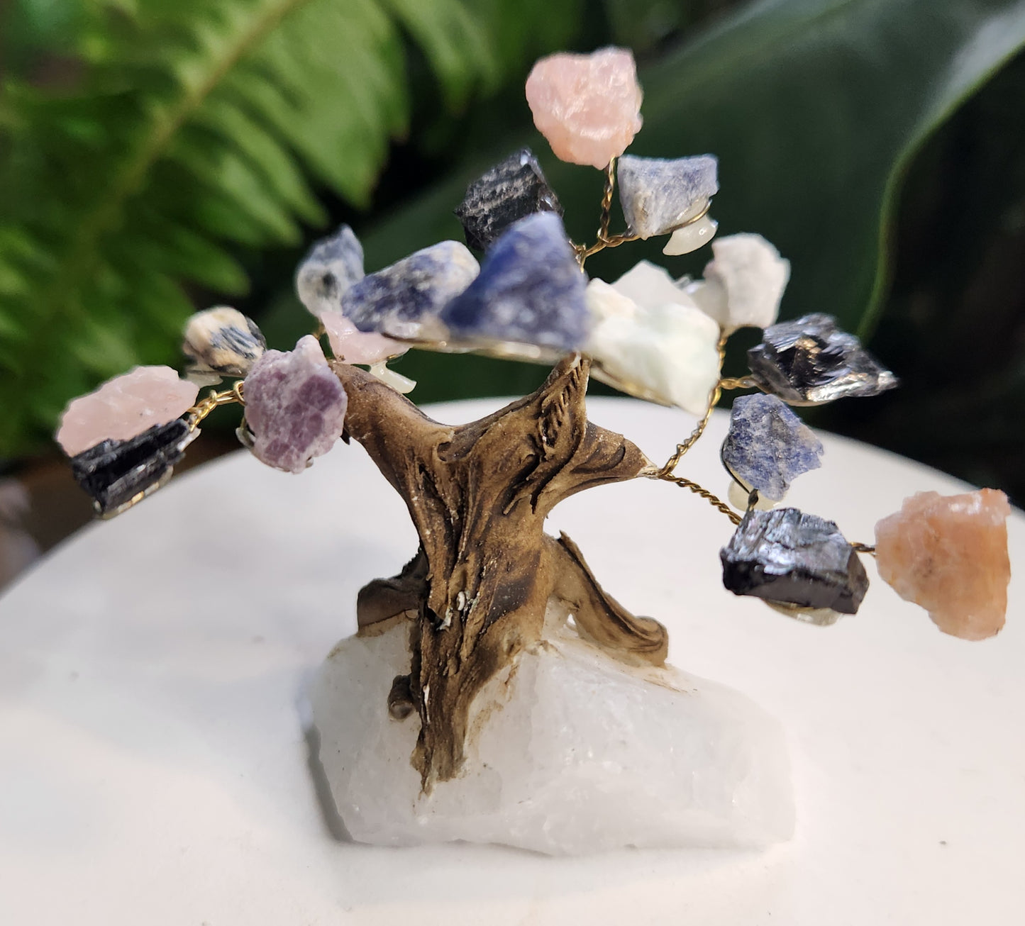 Mixed Gemstone Crystal Tree on Quartz Base | Rose Quartz, Sodalite & Black Tourmaline Healing Decor