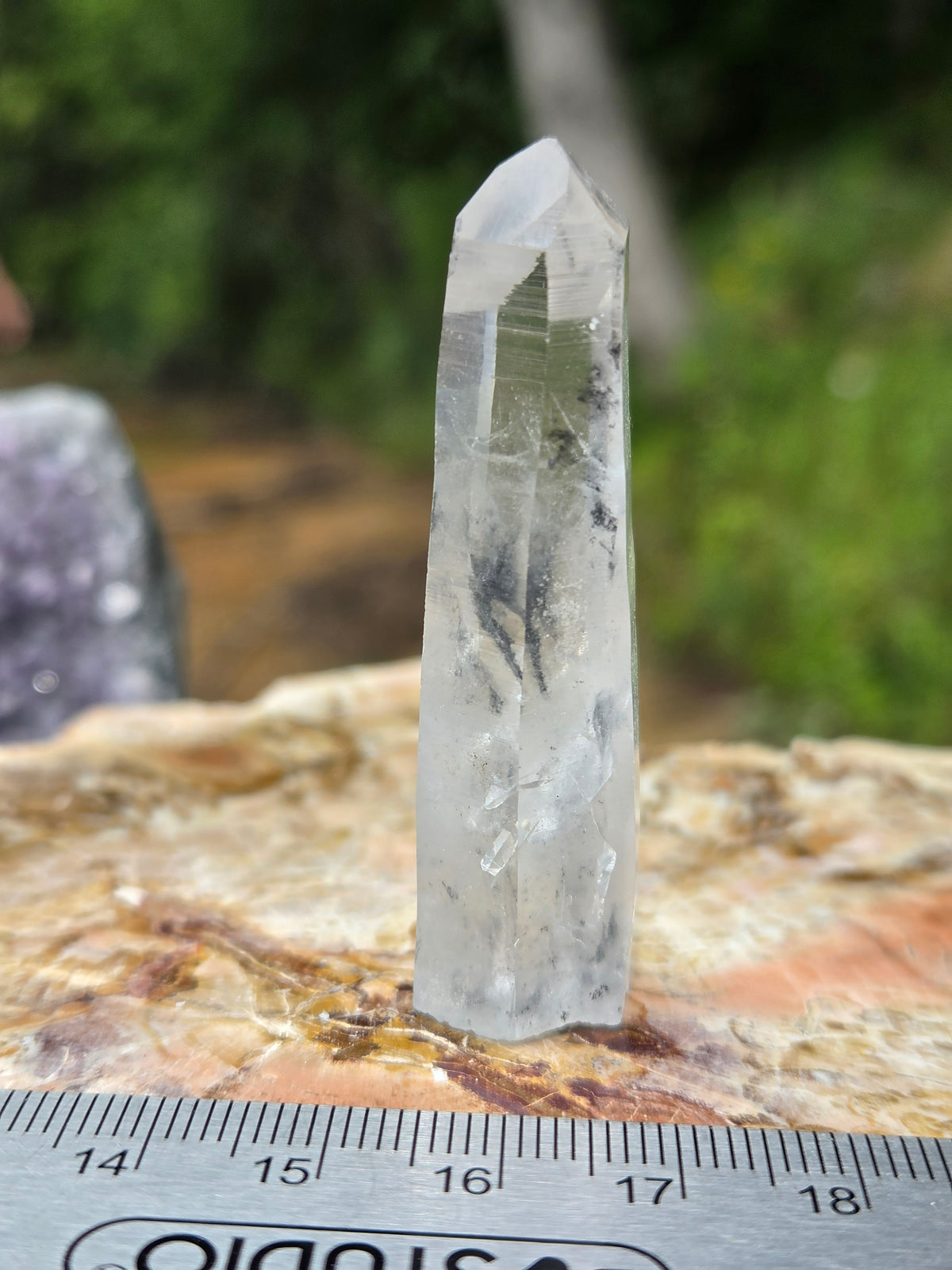 Natural Clear Quartz Crystal Point with Black Inclusions