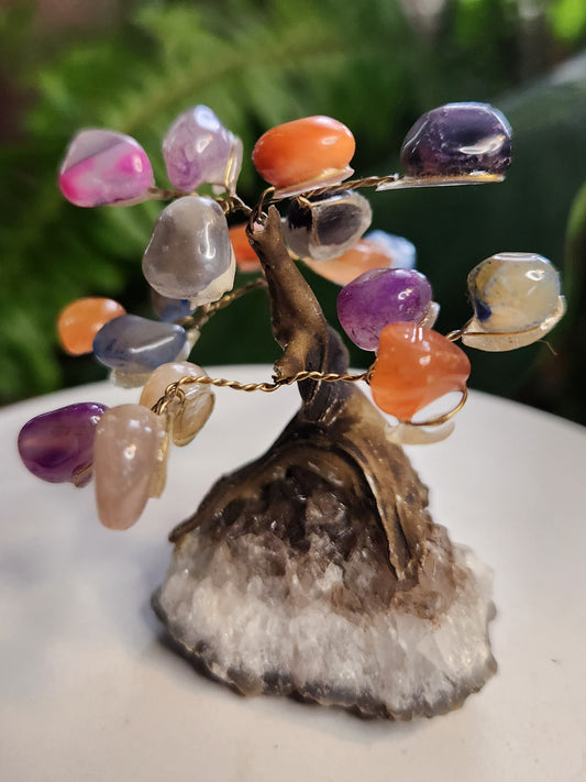Handmade Natural Agate & Dyed Agate Crystal Tree on Quartz Base | Mixed Agate Gemstone Tree | Colorful Crystal Decor