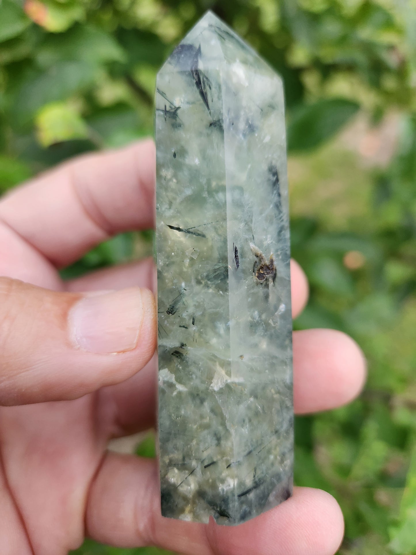 Prehnite Tower with Tourmaline Inclusions - Calming and Protective Energy