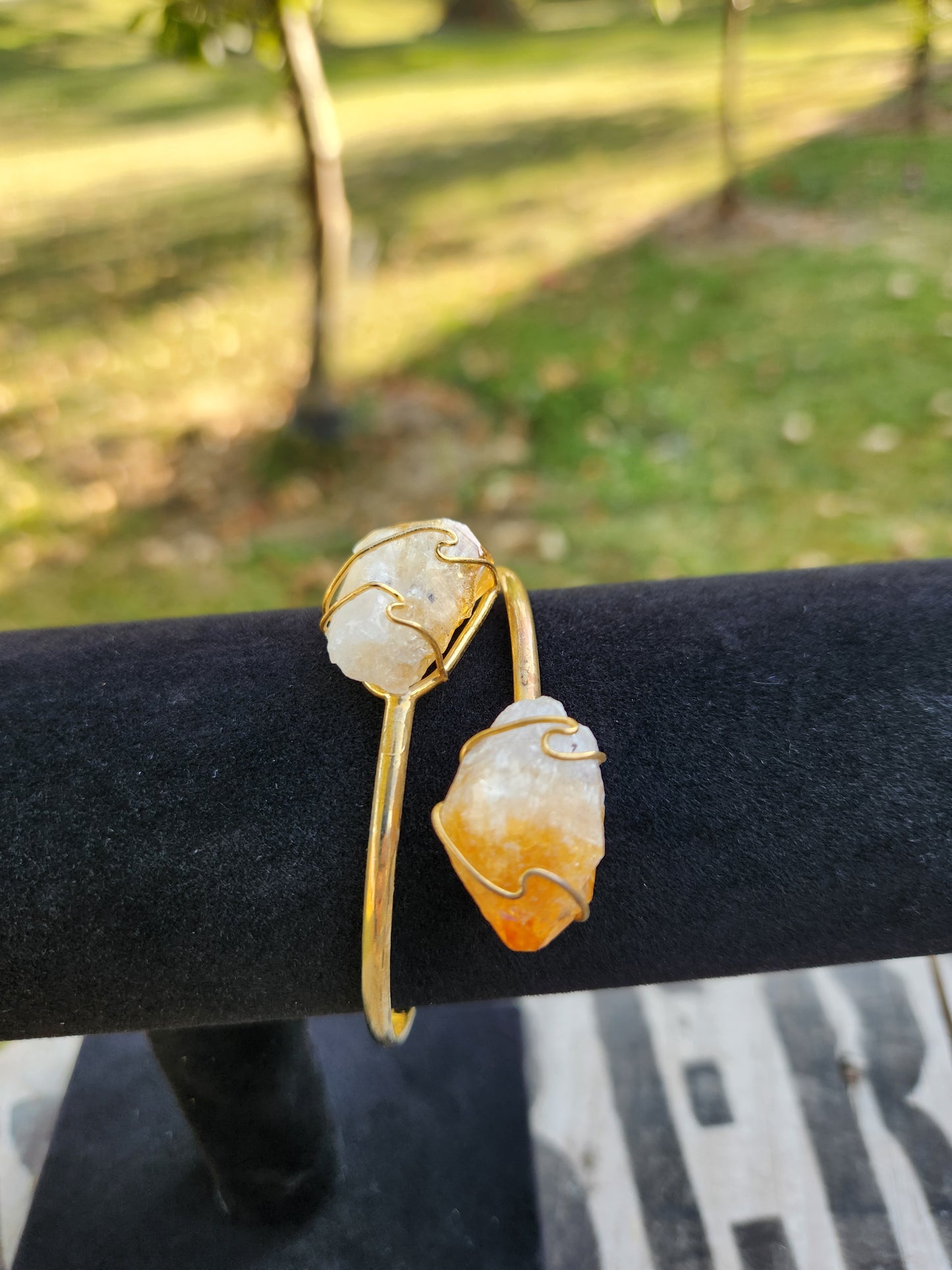 Double Citrine Point Crystal Cuff Bracelet.