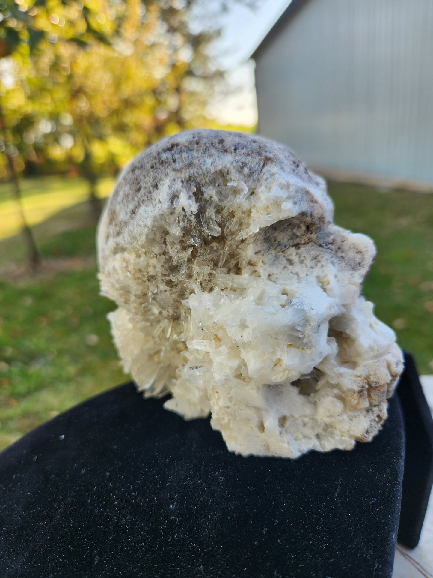 Natural Crystal Skull Carving – Unique White & Brown Druzy Quartz  with Sphalerite