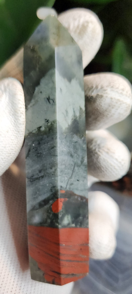 African Bloodstone (Heliotrope) Tower with Pyrite Inclusions | Polished Grounding Crystal Point