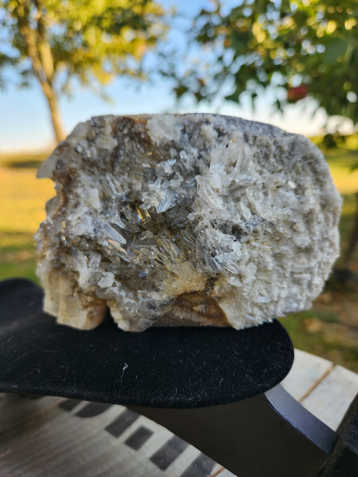 Large White & Brown Druzy Quartz Crystal Skull – Hand-Carved with Raw Crystal Cluster Back