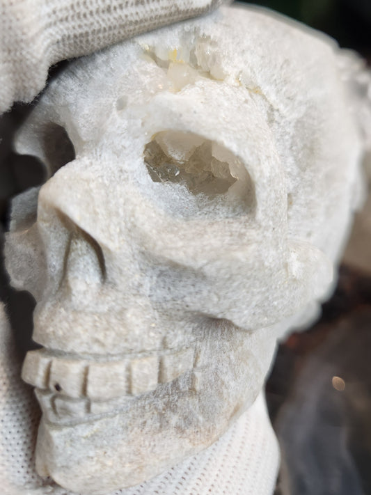 Hand-Carved Quartz Crystal Skull with Natural Druzy Cavities & Large Quartz Formations