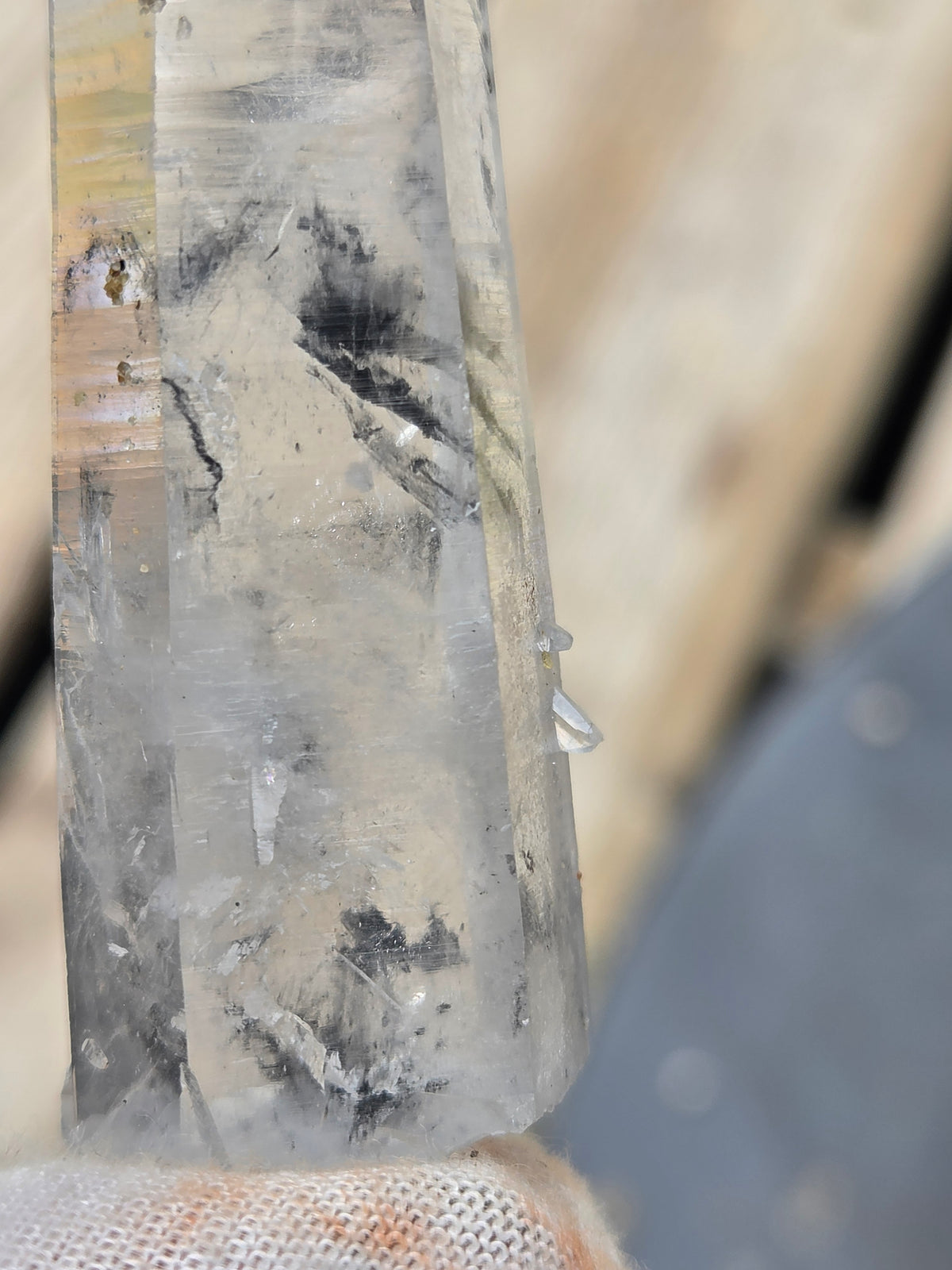 Natural Clear Quartz Crystal Point with Black Inclusions