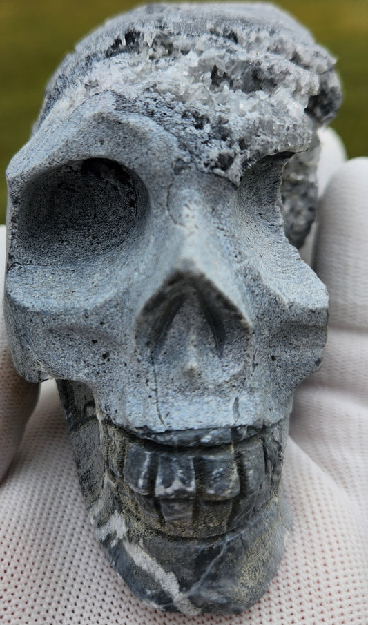 Hand-Carved Quartz Crystal Skull with Druzy Cluster – Unique Tribal Skull, Healing Stone, Spiritual Décor, Gothic Gift.