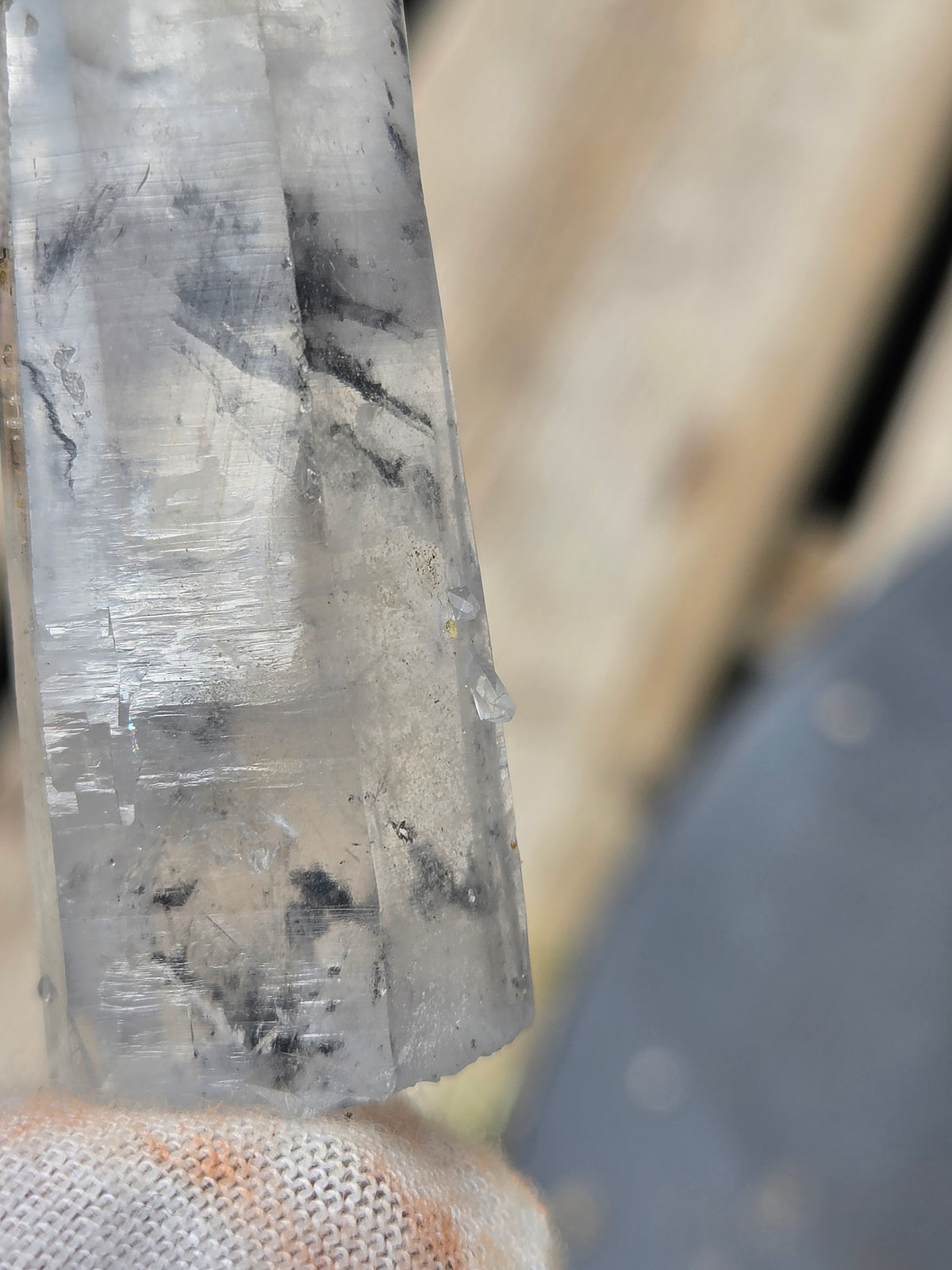 Natural Clear Quartz Crystal Point with Black Inclusions