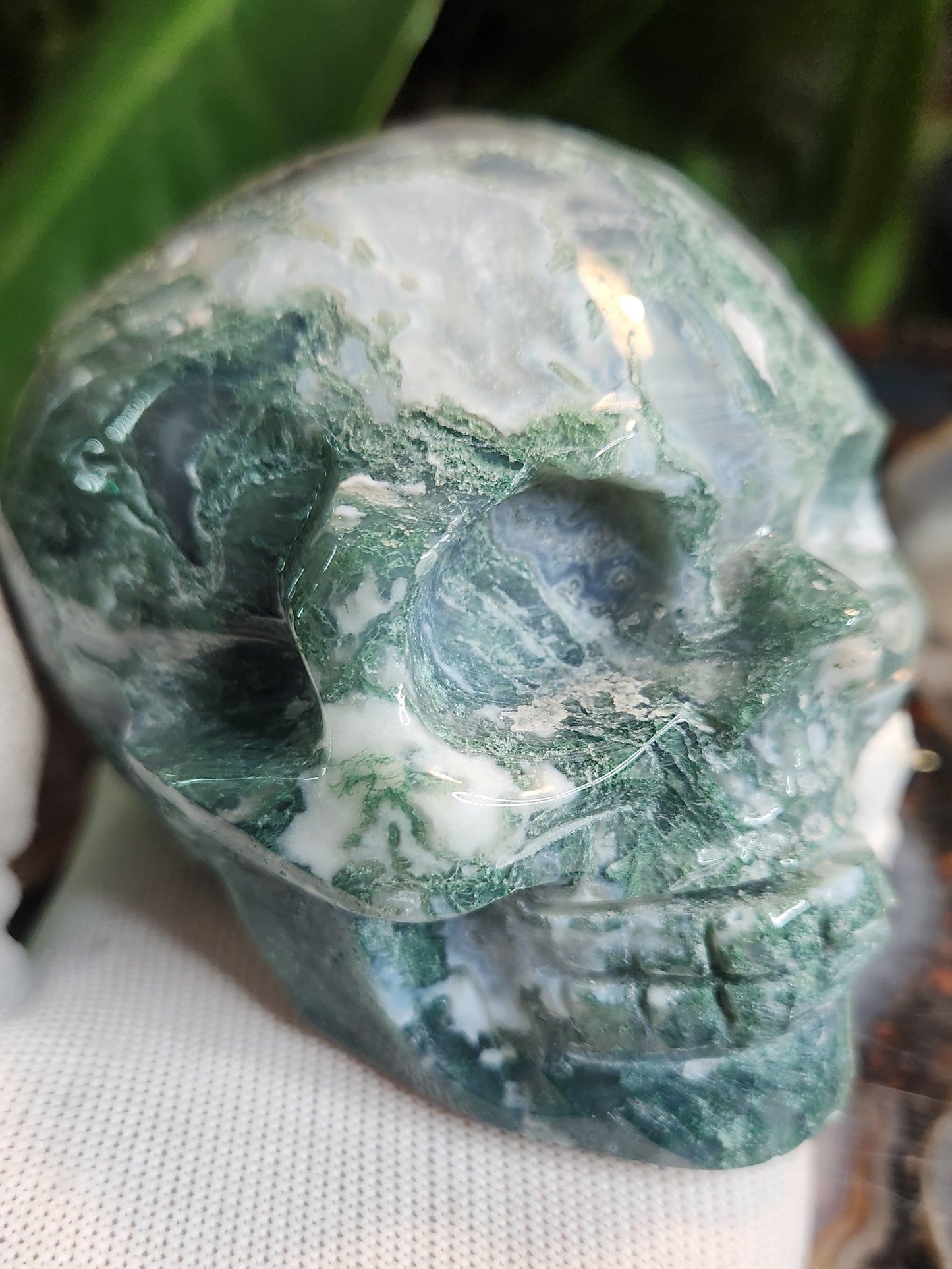 Hand-Carved Moss Agate Skull | Natural Green Chalcedony Crystal Skull | Grounding & Earth Energy Stone