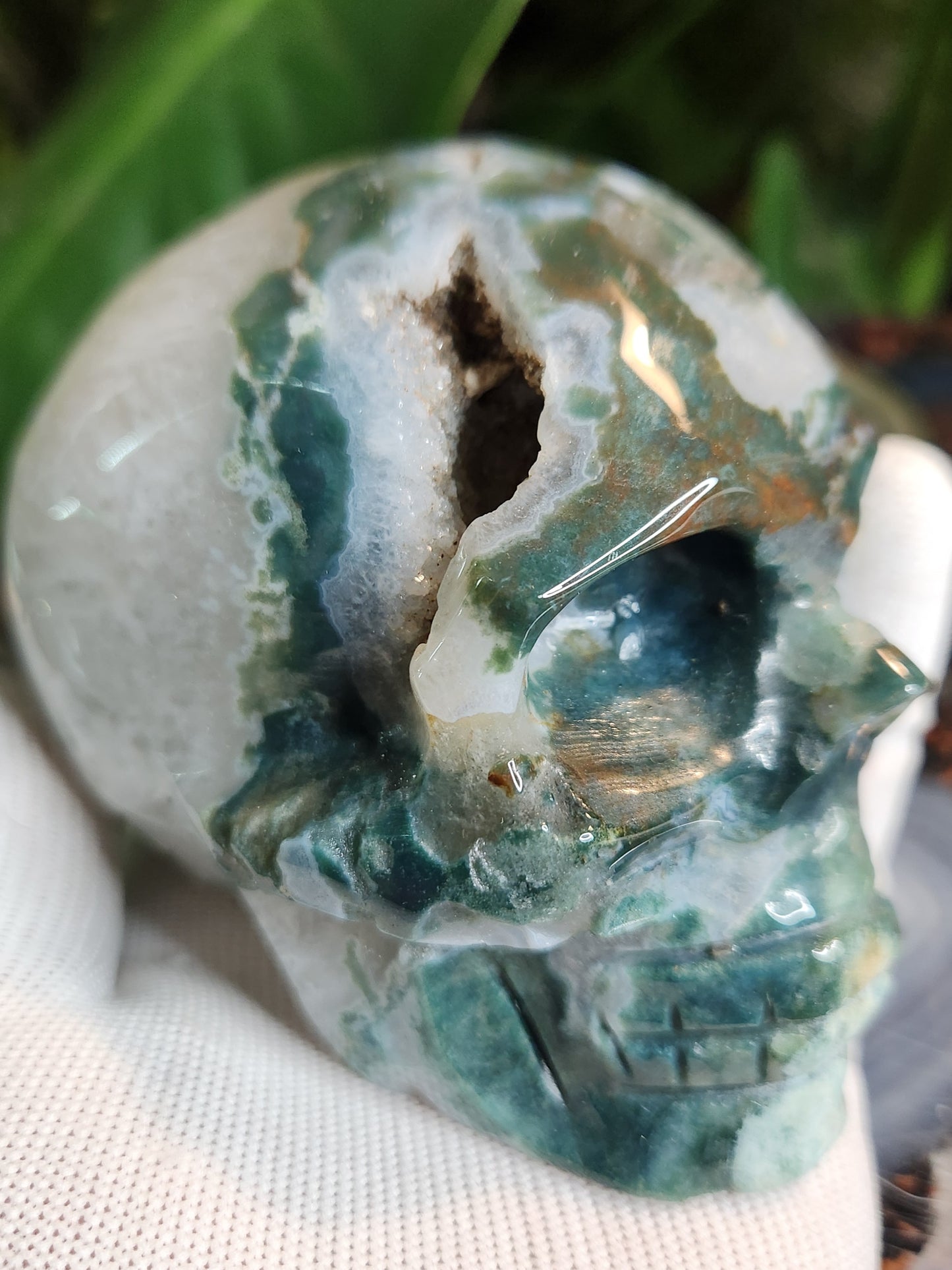 Hand-Carved Moss Agate Skull | Natural Green Chalcedony Crystal Skull | Grounding & Earth Energy Stone